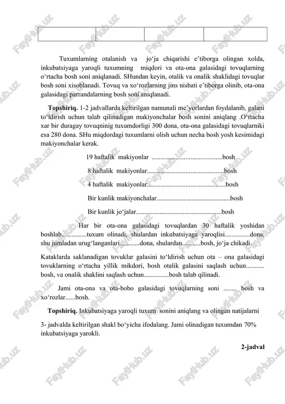 a, shulardan...........bosh, jo‘ja chikadi. kataklarda saklanadigan tovuklar galasini to‘ldirish uchun ota – ona galasidagi tovuklarning o‘rtacha yillik mikdori, bosh otalik galasini saqlash uchun........... bosh, va onalik shaklini saqlash uchun...............bosh talab qilinadi. jami ota-ona va ota-bobo galasidagi tovuqlarning soni ........ bosh va xo‘rozlar......bosh. topshiriq. inkubatsiyaga yaroqli tuxum sonini aniqlang va olingan natijalarni 3- jadvalda keltirilgan shakl bo‘yicha ifodalang. jami olinadigan tuxumdan 70% inkubatsiyaga yarokli. 2-jadval ota – ona podasidagi tovuklar bosh sonining ishlab chikarish kuvvati (belgilangan bosh sonda) korxonasida inkubatsiyaga yarokli tuxum ishlab chikarish xisobi. oylar par-ran daning yoshi, oy xiso bida oyni ng boshidagi bosh soni galadan chikarila di. oyning oxiridagi bosh soni tovuk lar ning o‘rtacha oylik bosh soni tovuklar ning tuxumdorligi, dona inkubatsiyaga yarokli tuxum ishlab chikarish, ming dona % bosh yanvar fevral mart aprel may iyun iyul bajarish uslubi: katta yoshdagi parrandalarning bosh sonini to‘ldirish uchun, o‘stiriladigan jo‘jalarni katakli batareyalarda parvarishlash texnologik grafigini tuzing. aniq tuzilgan texnologik …