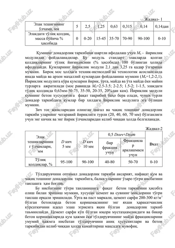 ller va bolomeylar tomonidan taklif etilgan tenglamani keltirish mumkin: , (1) bu erda: kf – shakl koeffitsienti; kf=8-14; x – berilgan fraktsiyadagi donalar o'lchami; dcheg – to'ldiruvchining chegaraviy yirikligi. amaliyotda aniq ideal egri bo'yicha to'ldiruvchilar tarkibini tanlash uchun shag'al va qumni elash kabi qo'shimcha jarayonlar talab etiladi. alohida fraktsiyadagi materiallar(ashyolar)ning bir qismi ortib qolishi va boshqa fraktsiyalarni to'ldirish uchun esa qo'shimcha maydalash talab etiladi. shuning uchun amaliyotda bu usul keng tadbiq etilmagan. temir-beton zavodlari yoki qurilish ob'ektlarida to'ldiruvchining donadorlik tarkibini tanlashda zarur miqdorda aniqlangan qum va shag'aldan foydalaniladi va bunda qum va alohida olingan shag'al fraktsiyalari orasidagi nisbat imkoniyat darajasida ideal egriga yaqinlashishi lozim. biroq, bu nisbatning ideal egriga aniq mos tushishi talab etilmaydi. katta bo'lmagan nomutanosibliklarga yo'l qo'yilishi mumkin. donador tarkibni yomonlashuvini qator texnologik usullar yordamida kompensatsiyalash mumkin. bu usullar bilan betonning narxi tushiriladi va transport-tayyorlov harajatlari kamaytiriladi. shuning uchun standartlar va texnik ko'rsatmalarda bir necha turli donadorlik tarkiblar …