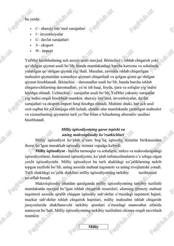 isodiyotning tarkibiy tuzilmasini tavsiflab beradi. makroiqtisodiy jihatdan qaralganda milliy iqtisodiyotning tarkibiy tuzilishi mamlakatda mavjud bo’lgan ishlab chiqarish resurslari; ularning ijtimoiy mehnat taqsimoti asosida ajralib chiqqan iqtisodiy sub‘ektlar o’rtasidagi taqsimoti hajmi; mazkur sub‘ektlar ishlab chiqarish hajmlari, milliy mahsultni ishlab chiqarish jarayonlarida shakllanuvchi tarkibiy qismlari o’rtasidagi munosabat sifatida namoyon bo’ladi. milliy iqtisodiyotning tarkibiy tuzilishini chizma orqali tasvirlash mumkin: milliy iqtisodiyot ↓ ↑ iqtisodiy jihatdan nisbatan mustaqil birliklar ↓ ↓ ↓ ↓ korxonalar uy xo’jaliklari davlat (ko’plab xo’jalik yurituvchi birliklari bilan milliy iqtisodiyotda ishlab chiqarish, xizmat ko’rsatish hajmi va ularning o’sishi bir qator ko’rsatkichlar tizimi orqali, mikro va makroiqtisodiy darajada aniqlanib, tahlil qilinadi. makroiqtisodiyot – bu mamlakat miqyosida moddiy ishlab chiqarish va nomoddiy sohalarini bir butun qilib birlashtirish natijasida hosil bo’lgan milliy va jahon xo’jaligi darajasidagi iqtisodiyotdir. makroiqtisodiyot o’z ichiga iqtisodiyotning moddiy va nomoddiy ishlab chiqarish hamda xizmat ko’rsatish sohalarini oladi. milliy iqtisodiyotning asosiy funktsional ahamiyati mamlakat barcha aholisining doimiy ravishda o’sib boruvchi …