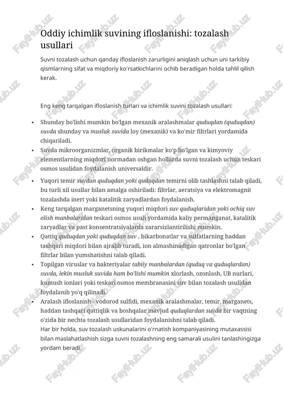 miqdori normadan oshgan hollarda suvni tozalash uchun teskari osmos usulidan foydalanish universaldir. · yuqori temir suvdan quduqdan yoki quduqdan temirni olib tashlashni talab qiladi, bu turli xil usullar bilan amalga oshiriladi: filtrlar, aeratsiya va elektromagnit tozalashda inert yoki katalitik zaryadlardan foydalanish. · keng tarqalgan marganetsning yuqori miqdori suv quduqlaridan yoki ochiq suv olish manbalaridan teskari osmos usuli yordamida kaliy permanganat, katalitik zaryadlar va past konsentratsiyalarda zararsizlantirilishi mumkin. · qattiq quduqdan yoki quduqdan suv , bikarbonatlar va sulfatlarning haddan tashqari miqdori bilan ajralib turadi, ion almashinadigan qatronlar bo'lgan filtrlar bilan yumshatishni talab qiladi. · topilgan viruslar va bakteriyalar tabiiy manbalardan (quduq va quduqlardan) suvda, lekin musluk suvida ham bo'lishi mumkin xlorlash, ozonlash, ub nurlari, kumush ionlari yoki teskari osmos membranasini suv bilan tozalash usulidan foydalanib yo'q qilinadi. · aralash ifloslanish - vodorod sulfidi, mexanik aralashmalar, temir, marganets, haddan tashqari qattiqlik va boshqalar mavjud quduqlardan suvda bir vaqtning o'zida bir nechta tozalash …