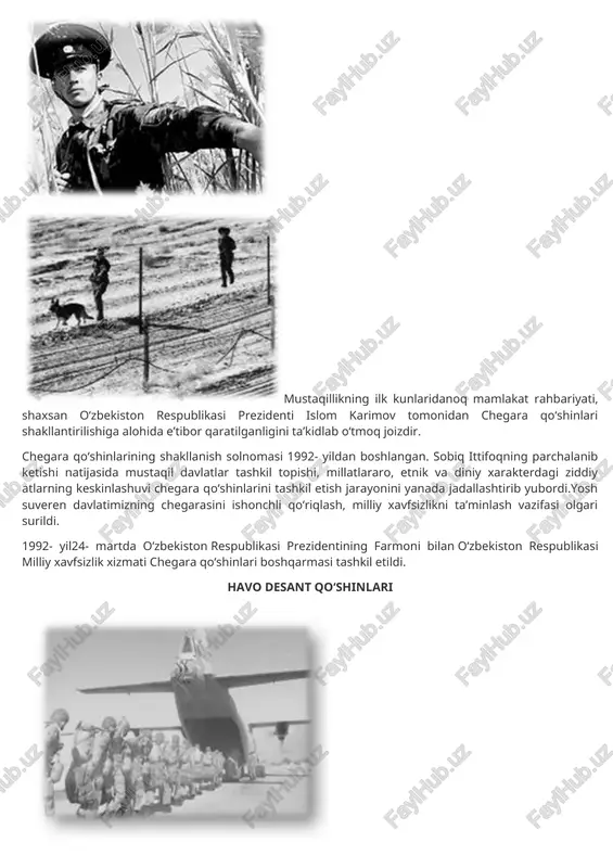 zmati chegara qo‘shinlari boshqarmasi tashkil etildi. havo desant qo‘shinlari ixcham va harakatchan kuchlar o‘rni azaldan dolzarb bo‘lib kelgan. o‘zbekiston respublikasi qurolli kuchlarining havo-desant qo‘shinlari –milliy armiyamizning desantchilar jangovar mashinalari, o‘ziyurar artilleriya qurilmalari, tanklar, zirhli transportyorlar, tankka qarshi samarali qurollar va zenit vositalari, stvolli va reaktiv artilleriya, qudratli avtomatik qurollar, aloqa va boshqaruvning zamonaviy apparatlari bilan qurollangan, puxta tayyorlangan jangovar qismidir. ushbu qo‘shinlarning asosiy vazifasi havo transporti aviatsiyasi yordamida mustaqil jangovar harakatlar olib borishsanaladi. harbiy-havo kuchlari harbiy-havo kuchlari qurolli kuchlarning eng yuqori manyovrchan turi sanaladi. ular quruqlikdagi qo‘shinlarni aviatsion jihatdan qo‘llab-quvvatlash, havo desantchilarini tashlash (tushurish), moddiy vositalarni tashish, havo razvedkasini olib borish, yirik operatsiyalarning borishi va xotimasiga jangovar ta’sir ko‘rsatish, respublika havo sarhadlarini ishonchli qo‘riqlash kabi imkoniyatga ega. harbiy-havo kuchlari zimmasiga dushmanning havo nishonlari va quruqlikdagi qo‘shinlarini yakson qilish, davlat va harbiy boshqaruv tizimi, front va harbiy-iqtisodiy ob’ektlari hamda transport kommunikatsiyalariga zarba berish vazifasi yuklangan. o‘zbekiston respublikasi harbiy-havo kuchlari bombardimonchi, qiruvchi-bombardimonchi, …