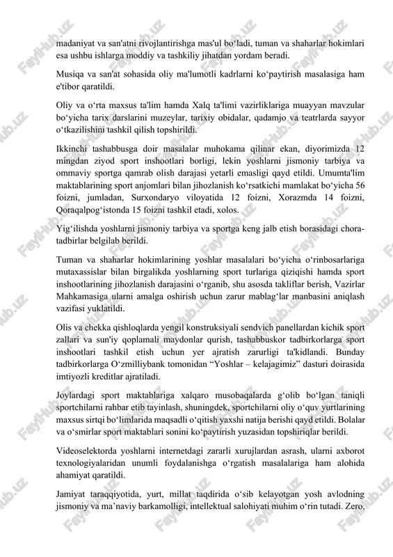 sh har qachongidan ham muhimdir”. o‘zbekiston respublikasini rivojlantirishning beshta ustuvor yo‘nalishi bo‘yicha harakatlar strategiyasida belgilangan yoshlarga oid davlat siyosatini takomillashtirish, yoshlarning huquq va manfaatlarini himoya qilish, ularning barkamol bo‘lib voyaga yetishi uchun zarur shart-sharoitlar yaratish borasida bir qancha muhim hujjatlar qabul qilindi, amaliy ishlar yo‘lga qo‘yildi, muayyan natijalarga erishildi. shunday bo‘lsa ham, bu borada bajariladigan ishlar hamisha keng ko‘lamli bo‘lib, o‘z dolzarbligini saqlab qolaveradi. shu nuqtayi nazardan, prezidentimiz rahbarligida 2019-yil 19-martda “yoshlar bilan ishlashni samarali tashkil etishda madaniyat, san’at, sport, axborot texnologiyalari, kitob o‘qishga qiziqishini oshirish bo‘yicha 5 ta muhim tashabbusni amalga oshirish to‘g‘risida” o‘tkazilgan videoselektor yig‘ilishida yoshlarni rivojlantirishga qaratilgan masalalar muhokama qilindi va sohalarga taalluqli 5 ta muhim tashabbus ilgari surildi. bular quyidagilar: birinchi tashabbus yoshlarning musiqa, rassomlik, adabiyot, teatr, va san’atning boshqa turlariga qiziqishlarini oshirish bo‘yicha. ikkinchi tashabbus yoshlarni jismoniy chiniqtirish va sport sohasida o‘z qobiliyatini namoyon qilishlari uchun zarur sharoitlar yaratib berish masalalari bo‘yicha. uchinchi tashabbus aholi …