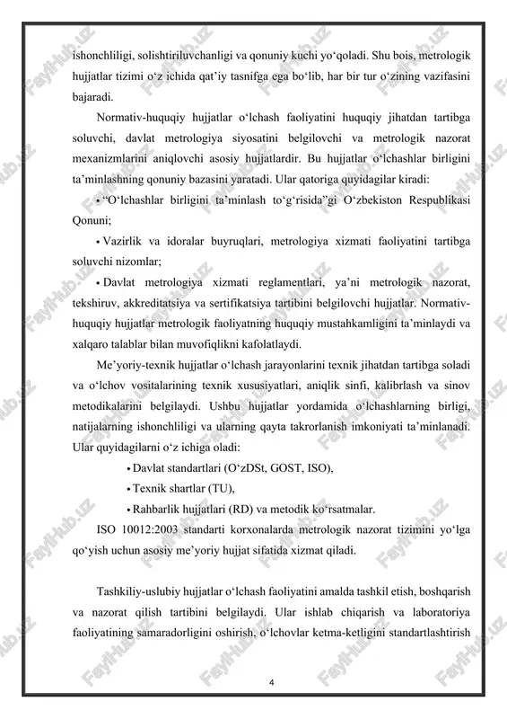 idir. ushbu hujjatlar o‘lchash jarayonini standartlashtirish, ishlab chiqarish sifati va texnik xavfsizlikni kafolatlashda muhim ahamiyat kasb etadi. har qanday ishlab chiqarish yoki ilmiy faoliyatda metrologik hujjatlar mavjud bo‘lmasa, o‘lchov natijalarining ishonchliligi, solishtiriluvchanligi va qonuniy kuchi yo‘qoladi. shu bois, metrologik hujjatlar tizimi o‘z ichida qat’iy tasnifga ega bo‘lib, har bir tur o‘zining vazifasini bajaradi. normativ-huquqiy hujjatlar o‘lchash faoliyatini huquqiy jihatdan tartibga soluvchi, davlat metrologiya siyosatini belgilovchi va metrologik nazorat mexanizmlarini aniqlovchi asosiy hujjatlardir. bu hujjatlar o‘lchashlar birligini ta’minlashning qonuniy bazasini yaratadi. ular qatoriga quyidagilar kiradi: · “o‘lchashlar birligini ta’minlash to‘g‘risida”gi o‘zbekiston respublikasi qonuni; · vazirlik va idoralar buyruqlari, metrologiya xizmati faoliyatini tartibga soluvchi nizomlar; · davlat metrologiya xizmati reglamentlari, ya’ni metrologik nazorat, tekshiruv, akkreditatsiya va sertifikatsiya tartibini belgilovchi hujjatlar. normativ-huquqiy hujjatlar metrologik faoliyatning huquqiy mustahkamligini ta’minlaydi va xalqaro talablar bilan muvofiqlikni kafolatlaydi. me’yoriy-texnik hujjatlar o‘lchash jarayonlarini texnik jihatdan tartibga soladi va o‘lchov vositalarining texnik xususiyatlari, aniqlik sinfi, kalibrlash va sinov metodikalarini …