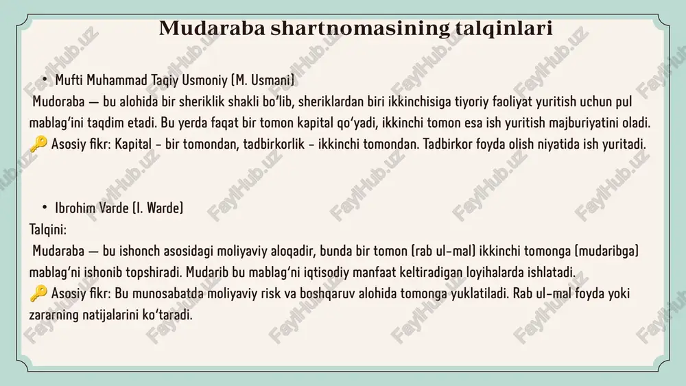 t qilgan, yahudiylar esa ish kuchi sifatida yerda ishlab, hosil bo‘lishi bilan foydani teng taqsimlashgan. bu shartnoma hozirgi zamonaviy mudaraba printsipi bilan to‘g‘ri keladi: biri kapital (yer), biri mehnat (dehqonchilik). xulosa qilib aytganda, mudaraba – bu halollik, ishonch va adolatga asoslangan, shariat talablariga to‘liq mos, zamonaviy ehtiyojlarga moslashgan islomiy moliyaviy hamkorlik modelidir. u jamiyatda moliyaviy faollikni oshirish, tadbirkorlikni rivojlantirish va sarmoyalarni halol asosda boshqarish uchun eng maqbul vositalardan biridir. foydalanilingan manbalar: https://islamic-banking.com/mudarabah/ https://fincyclopedia.net/islamic-finance/questions/what-is-mudaraba https://www.ifsb.org/standards-page ravshan abdullayev tahlili image1.jpeg image2.png image3.png image4.svg image5.jpeg image6.png image7.png image8.jpeg image9.png image10.png image11.jpeg image12.png image13.png image16.png image17.png image14.jpeg image15.png /docprops/thumbnail.jpeg