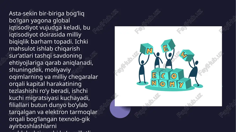 mayib zamonaviy texnologiyasida investitsiya tovarlari ulushi ko’paydi. tashqi savdo balansi yaxshi-lanib, oldingi salbiy qoldiq o’rnini barqaror ijobiy qoldiq egalladi. mustaqillik yillarida jahon bozoriga etkazib berilayotgan milliy mahsulotlarimizning iste’mol qiymati va texnik para-metrlari sezilarli darajada yaxshilandi. agarda mustaqillik dav-rigacha o’zbekiston paxtasi jahon bozorida oddiy mahsulot hisob-langan bo’lsa, hozirgi paytda aqsh va avstraliya paxtalari kabi elita mahsulot hisoblanadi, ilgarilari kalava iplarining past va o’rta navlari xorijga chiqarilgan bo’lsa, hozirda faqat zamonaviy texnologiyalarda yigirilgan oliy navli kalavalar jahon bozorida sotilmoqda. xuddi shunday bahoni o’zbekistonning meva sabzavot-lariga nisbatan ham aytish mumkin. tarixiy tajribalar shuni ko’rsatadiki, har bir mamlakatda ishlab chiqarishni ixtisoslashtirish va mehnatni taqsimlash afzal-liklaridan to’liq foydalanish imkoniyatini yaratuvchi xo’jalik tizimi bilan yaqin integratsiyasiz hech bir davlat dunyo iqtisodiyoti-ning yuqori rivojlanish darajasiga erishmagan. o’zbekiston res-publikasi prezidenti i.a.karimov tashabbusi bilan boshlangan mamlakatimizning dunyo xo’jalik tizimiga integratsiyalashuvi ja-rayonida qonunchilik, me’yoriy-huquqiy bazalar va malakali xodim-lar bilan ta’minlash g’oyasi ilgari surildi va hayotga tatbiq etila boshlandi. shu bilan …