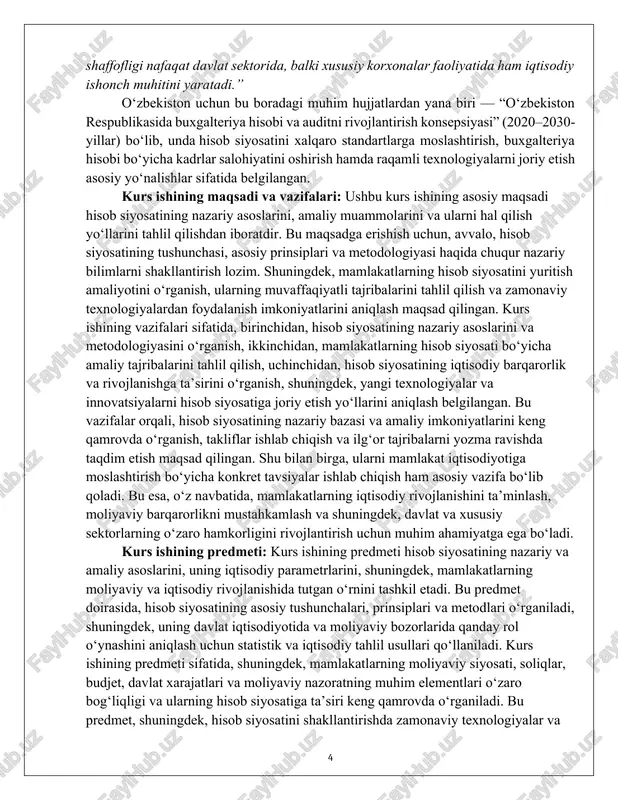 zifalari sifatida, birinchidan, hisob siyosatining nazariy asoslarini va metodologiyasini o‘rganish, ikkinchidan, mamlakatlarning hisob siyosati bo‘yicha amaliy tajribalarini tahlil qilish, uchinchidan, hisob siyosatining iqtisodiy barqarorlik va rivojlanishga ta’sirini o‘rganish, shuningdek, yangi texnologiyalar va innovatsiyalarni hisob siyosatiga joriy etish yo‘llarini aniqlash belgilangan. bu vazifalar orqali, hisob siyosatining nazariy bazasi va amaliy imkoniyatlarini keng qamrovda o‘rganish, takliflar ishlab chiqish va ilg‘or tajribalarni yozma ravishda taqdim etish maqsad qilingan. shu bilan birga, ularni mamlakat iqtisodiyotiga moslashtirish bo‘yicha konkret tavsiyalar ishlab chiqish ham asosiy vazifa bo‘lib qoladi. bu esa, o‘z navbatida, mamlakatlarning iqtisodiy rivojlanishini ta’minlash, moliyaviy barqarorlikni mustahkamlash va shuningdek, davlat va xususiy sektorlarning o‘zaro hamkorligini rivojlantirish uchun muhim ahamiyatga ega bo‘ladi. kurs ishining predmeti: kurs ishining predmeti hisob siyosatining nazariy va amaliy asoslarini, uning iqtisodiy parametrlarini, shuningdek, mamlakatlarning moliyaviy va iqtisodiy rivojlanishida tutgan o‘rnini tashkil etadi. bu predmet doirasida, hisob siyosatining asosiy tushunchalari, prinsiplari va metodlari o‘rganiladi, shuningdek, uning davlat iqtisodiyotida va moliyaviy bozorlarida …