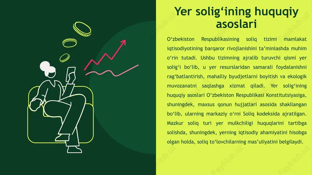 zbekiston respublikasi davlat byudjetining daromad qismi soliq tushumlariga asoslangan bo‘lib, yer solig‘i bu tizimda o‘ziga xos o‘rin tutadi. so‘nggi yillarda yer solig‘i tushumlarining o‘sishi iqtisodiy islohotlar natijasida kuzatilmoqda. 2020-yilda yer solig‘i bo‘yicha tushumlar 2 386,7 milliard so‘mni tashkil etgan bo‘lsa, bu davlat byudjetining 1,8 foiziga teng edi. 2024-yilga kelib bu ko‘rsatkich 8 216 milliard so‘mga yetdi, ya’ni byudjet ulushi 3,0 foizga oshdi. bunday o‘sish yer solig‘ining bazaviy stavkalarini oshirish, yer uchastkalarini ro‘yxatga olishni kuchaytirish va iqtisodiy faollikning ortishi bilan bog‘liq. yuridik shaxslarning yer solig‘iga oid amaliy muammolar va ularni bartaraf etish yo‘llari yuridik shaxslar o‘zbekiston iqtisodiyotining asosiy sub’ektlari bo‘lib, ularning yer solig‘iga oid masalalari amaliy muammolar bilan to‘laqonli bog‘liq. asosiy muammolardan biri yer uchastkalarining ro‘yxatga olishdagi kechikishlar va noaniq hujjatlar hisoblanadi. ko‘plab yuridik shaxslar, ayniqsa sanoat va qishloq xo‘jaligi korxonalari, yer huquqlarini rasmiylashtirishda qiyinchiliklarga duch keladi, chunki yer kadastridagi ma’lumotlar eskirgan yoki to‘liqsiz. bu soliq hisob-kitobini murakkablashtiradi va ortiqcha jarimalarga …