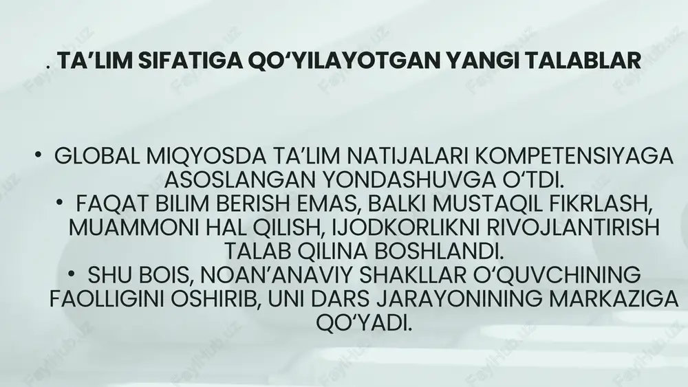 ot) kiritish orqali o‘quvchilarning qiziqishini oshirish. 7 steam ta’lim (science, technology, engineering, art, mathematics) mazmuni: fanlararo integratsiya orqali o‘quvchilarning ilmiy, texnik va ijodiy fikrlashini rivojlantirishga qaratilgan yondashuv. 8 gibrid (blended learning) ta’lim mazmuni: an’anaviy sinfdagi o‘qitish bilan onlayn ta’lim elementlarini birlashtiradi. hozirgi davrda ta’lim jarayonini modernizatsiya qilish, innovatsion pedagogik texnologiyalarni joriy etish, o‘quvchilarning faolligini oshirish har bir o‘qituvchining ustuvor vazifasiga aylangan. shu nuqtai nazardan noan’anaviy ta’lim shakllari ta’lim samaradorligini oshirishning muhim omillaridan biri hisoblanadi. noan’anaviy ta’lim shakllarining samaradorligi o‘quvchilarning faolligi va ishtirokini ta’minlaydi an’anaviy darslarda o‘qituvchi faol, o‘quvchi esa passiv tinglovchi rolida bo‘lsa, noan’anaviy shakllarda o‘quvchi darsning markazida bo‘ladi. guruh ishlari, muammoli vaziyatlar, loyihalar va interfaol o‘yinlar orqali o‘quvchi bilimni o‘zi izlab topadi. ➡️ natijada, o‘quvchi faol o‘rganuvchi sub’ektga aylanadi. mustaqil va tanqidiy fikrlashni rivojlantiradi muammoli o‘qitish, debat, “aqliy hujum” va loyiha metodlari o‘quvchilarda mustaqil xulosa chiqarish, ijodkorlik, mantiqiy fikrlash ko‘nikmalarini rivojlantiradi. bu esa o‘quvchining bilimni eslab qolish emas, balki …