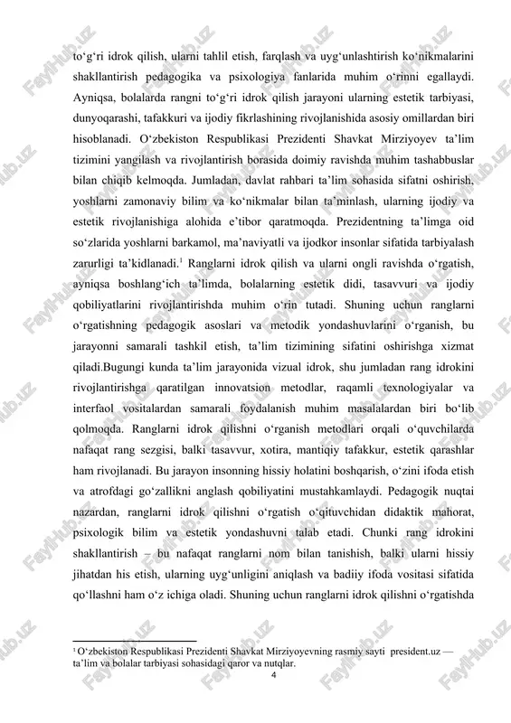 i rivojlantirishda katta yordam beradi. shu bilan birga, o‘quvchilarda ranglar orqali fikrni ifoda etish, estetik baho bera olish, rang uyg‘unligini sezish va ijodiy tafakkurni rivojlantirishga zamin yaratadi. tasviriy san’at, pedagogika, psixologiya, dizayn, maktabgacha va boshlang‘ich ta’lim tizimlarida o‘quv jarayonini boyitish uchun amaliy qo‘llanma sifatida foydalanilishi mumkin. shu jihatdan mazkur ish o‘quvchilarning estetik tarbiyasini chuqurlashtirish, ularning badiiy idrokini kengaytirish va rang bilan ishlash ko‘nikmalarini shakllantirishga xizmat qiladi. ishda taklif etilgan yondashuvlar ta’lim jarayoniga zamonaviy axborot-kommunikatsiya texnologiyalarini integratsiya qilish, interfaol o‘yin metodlari, multimedia vositalari, vizual taqdimotlar va raqamli ilovalarni qo‘llash orqali o‘qitish samaradorligini oshirishga imkon beradi. shu tarzda, tadqiqotning ilmiy va amaliy jihatlari o‘quv jarayonini yangicha yondashuvlar asosida tashkil etish, o‘quvchilarda mustaqil va ijodiy fikrlashni shakllantirishga xizmat qiladi. kurs ishining maqsadi ranglarni idrok qilish jarayonining nazariy, psixologik va pedagogik asoslarini o‘rganish, ta’lim jarayonida rangni to‘g‘ri idrok qilishni shakllantirishning eng samarali metodlarini aniqlash hamda ularni amaliyotda qo‘llash yo‘llarini ishlab chiqishdan iboratdir. rangni idrok …