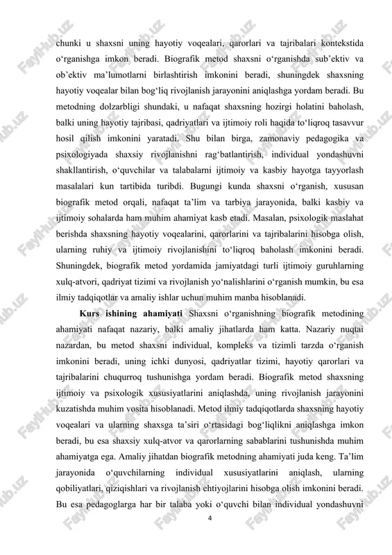 adi. shaxsni o‘rganishning biografik metodining ahamiyati kasbiy va ijtimoiy sohalarda ham o‘z ifodasini topadi. masalan, ijtimoiy tadqiqotlarda shaxslar va guruhlarning qadriyat tizimi, xulq-atvori va ijtimoiy moslashuv xususiyatlarini aniqlashda biografik metod samarali vosita hisoblanadi. shu tarzda, shaxsni chuqur o‘rganish natijasida ilmiy, psixologik, pedagogik va ijtimoiy sohalarda samarali tavsiyalar ishlab chiqish mumkin bo‘ladi. kurs ishining o’rganilganlik darajasi shaxsni o‘rganishning biografik metodiga bag‘ishlangan tadqiqotlar sohasida nafaqat xorijiy, balki o‘zbekistondagi ilmiy izlanishlar ham mavjud. xorijiy psixologiya va pedagogika adabiyotlarida biografik metod ko‘pincha shaxsning ijtimoiy va psixologik rivojlanishini, hayotiy qarorlar va tajribalar bilan bog‘liq jarayonlarni o‘rganishda qo‘llaniladi. masalan, g. allport, e. erikson va d. mcadams kabi olimlar shaxsning hayotiy voqealari va individual xususiyatlarini tahlil qilishda biografik yondashuvni rivojlantirgan. bu tadqiqotlar shaxsning ichki dunyosi, qadriyatlar tizimi, ijtimoiy munosabatlari va rivojlanish jarayonini tushunishda metodning samaradorligini namoyish etadi. o‘zbek psixologiya va pedagogika ilmiy manbalarida ham biografik metodga oid tadqiqotlar mavjud bo‘lib, ular shaxsni o‘rganishning pedagogik va psixologik amaliyotdagi …