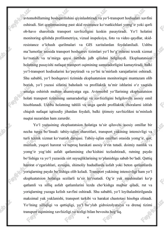 i. shu sababli, yo‘l loyihalashtirilganda maksimal yuk yuklanishi, transport tarkibi va harakat chastotasi hisobga olinadi. yo‘lning silliqligi va qattiqligi, yo‘l bo‘ylab gidroizolyatsiya va drenaj tizimi transport oqimining xavfsizligi va tezligi bilan bevosita bog‘liq. ekspluatatsion holatni baholashda zamonaviy texnologiyalar keng qo‘llaniladi. profilometriya yordamida yo‘l yuzasining silliqligi va cho‘kish darajasi aniqlanadi, skid-resistance o‘lchovlari esa yo‘lning yomg‘irli va qorli sharoitlarda xavfsizligini baholash imkonini beradi. amerika qo‘shma shtatlarida federal yo‘l administratsiyasi (fhwa) tavsiyasi bo‘yicha, yo‘lning iri qiymati 95–170 in/mil (taxminan 1.5–2.7 m/km) oralig‘ida bo‘lsa, transport oqimi uchun maqbul hisoblanadi. yuqori iri qiymatlari esa yo‘l-transport hodisalarini oshiradi va avtomobillarning texnik xizmatini tezlashtiradi. yo‘l ekspluatatsion holati nafaqat transport oqimi, balki iqtisodiy jihatdan ham ahamiyatlidir. yo‘lning notekis va yoriqlarga boy bo‘lishi transport vositalarining yonilg‘i sarfini oshiradi, mexanik qismlarning eskirishini tezlashtiradi va taʼmir xarajatlarini oshiradi. shu bilan birga, ekspluatatsion monitoring tizimlari yo‘l boshqaruviga yo‘l bo‘g‘inlarini optimallashtirish imkonini beradi. misol uchun, rqi va pci indekslari asosida yo‘lning eng zaif …
