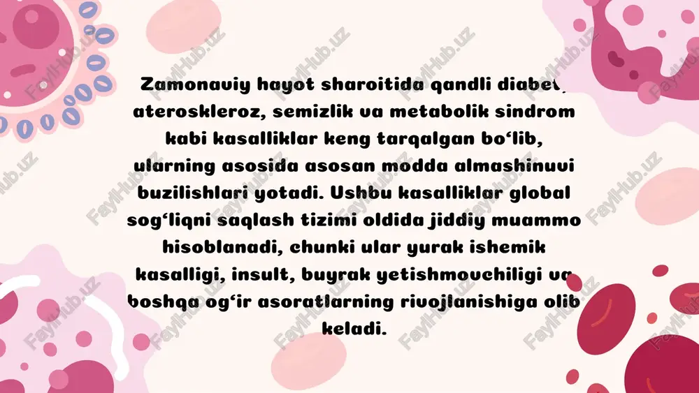 ivojlanish bosqichlari • endotelial shikastlanish – qon bosimi, toksinlar yoki lipidlarning ta’siridan endotel hujayralar zararlanadi. • lipidlarning tomir devoriga kirishi – past zichlikdagi lipoproteinlar (ldl) endotel ostida to‘planadi. • makrofaglar tomonidan yutilish – makrofaglar ldlni yutadi → “ko‘p yog‘li hujayralar” hosil bo‘ladi. • yallig‘lanish – sitokinlar ajralib chiqadi → silliq mushak hujayralari proliferatsiyasi → fibroz qopqoq hosil bo‘ladi. • ateromatoz blyashka – tomir lümenini toraytiradi, qon oqimi buziladi. • tromboz – blyashka yorilishi natijasida tromb hosil bo‘lib, infarkt yoki insultga sabab bo‘ladi. • yog‘li dog‘ bosqichi • fibroz blyashka bosqichi • komplikatsiyalangan blyashka bosqichi (tromb, nekroz) 5.semizlik, uning turlari va sabablari ta’rifi semizlik (obezite) – bu organizmda yog‘ to‘qimasining ortiqcha to‘planishi bilan kechadigan metabolik buzilishdir. tanadagi ortiqcha yog‘ massasi sog‘liq uchun xavf tug‘diradi. turlari 1.birlamchi (idiopatik) – ovqatlanish va harakatsizlik natijasida rivojlanadi. 2.ikkilamchi (sekundar) – endokrin kasalliklar (gipotireoz, itsenko-kushing sindromi), genetik sindromlar yoki dori ta’siri natijasida. 3.markaziy semizlik – yog‘ …
