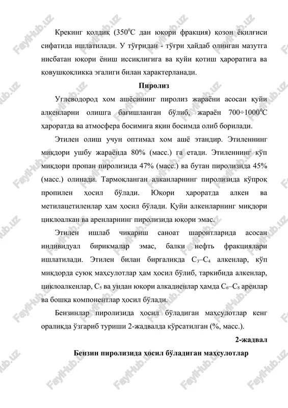 slash 505–5150s haroratda, 0,2–0,3 mpa bosimda olib boriladi. kokslash natijasida neft koksidan tashqari uglevodorodli gaz, benzin, o'rta va og'ir koks distillatlari hosil bo'ladi. hosil bo'lgan mahsulotlarning miqdori va sifati xom ashyoning kimyoviy va fraktsion tarkibiga va kokslash sharoitlariga bog'liqdir. neftning birlamchi qayta ishlash qoldiqlaridan olingan koks miqdori 15÷25%, (mass.) ni, ikkilamchi mahsulotlardan olingani esa 30÷35%, (mass.) ni tashkil qiladi. koks bilan birgalikda ko'p miqdorda qimmatli suyuq va gaz holidagi mahsulotlar hosil bo'ladi. ularning yig'ma miqdori xom ashyoga nisbatan hisoblaganda 70%, (mass.) ga etadi. kokslash jarayonining eng katta effektivligi, hosil bo'layotgan hamma mahsulotlarni o'z o'rnida to'la ishlatilganda kuzatiladi. uglevodorod tarkibi bo'yicha asta–sekin kokslash gazlari termik kreking gazlarinikiga yaqin bo'lib, neftkimyoviy sintez uchun xom ashyo bo'lib xizmat qilishi mumkin. kokslash benzini quyi sifatli (motor usuli bo'yicha oktan soni 60-67, oltingugurt miqdori 1-2%) bo'lgani uchun uni ishlatishdan oldin tozalanishi va boshqa jarayonlarni o'tashi lozim. uni gidrotozalash va katalitik riformingga uchratish lozim. kokslash benzini …