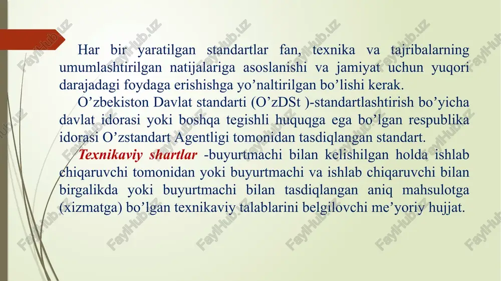 ya qilish, kishilar sogʼligi va hayot xavfsizligini taʼminlash, tabiatni muhofaza qilish; - fan va texnikaning rivojlantirilishi bilan aholi va xalq xoʼjaligining ehtiyojlariga muvofiq ravishda mahsulot sifatini oshirish; - mahsulotning bir-biriga mosligi va oʼzaro almashinuvchanligini taʼminlash; - kishilar moddiy resurslarining tejalishiga, iqtisodiy koʼrsatkichlarniig yaxshilanishiga koʼmaklashish; -savdoda texnikaviy toʼsiqlarni bartaraf qilinishiga, jahon bozorida raqobat qilish qobiliyatining taʼminlanishiga erishish; - tabiiy va texnologik halokatlari va boshqa favqulodda vaziyatlar roʼy berishini hisobga olgan holda xalq xoʼjaligi obʼektlarining xavfsizligini taʼminlashdir. standartlashtirish vazifalari. standartlashtirishning asosiy vazifalari quyidagilardan iborat: - isteʼmolchi va davlatning manfaati yoʼlida mahsulotning sifati va nomlariga nisbatan eng maqbul talablarni qoʼyishdan; - davlat, respublika fuqarolari va chet el ehtiyoji uchun tayyorlangan mahsulotga, kerakli talablarni belgilovchi meʼyoriy hujjatlar tizimini va uni ishlab chiqish qoidalarini yaratish, ishlab chiqish va qoʼllash, shuningdek hujjatlardan foydalanishini nazorat qilish; - standart talablarining sanoati rivojlangan chet mamlakatlarning xalqaro, mintaqaviy va milliy standartlari talablari bilan uygʼunlashuvini taʼminlash; - bir-biriga moslikning barcha (konstruktiv, …