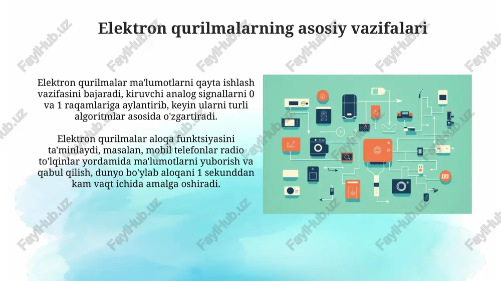 t standart hisoblanadi va 0.1% aniqlikni ta'minlaydi. tibbiy elektron qurilmalar tibbiy elektron qurilmalar, masalan, ekg apparatlari yurakning elektr faolligini 12 ta elektrod yordamida o'lchab, yurak ritmi va shikastlanishlarni aniqlashga yordam beradi. mri skanerlari magnit maydon va radio to'lqinlardan foydalanib, tananing 3 o'lchovli tasvirlarini yaratadi. bu orqali 0.1 millimetrgacha aniqlikda turli kasalliklarni diagnostika qilish imkoniyati mavjud. elektron qurilmalarning afzalliklari va kamchiliklari elektron qurilmalarning afzalliklaridan biri – yuqori tezlik. ular ma'lumotlarni soniyaning milliondan bir qismida qayta ishlashi, masalan, 2,4 gigagertsli protsessor tezligida ishlashi mumkin. kamchiliklaridan biri – kiberxavfsizlik xavfi. shaxsiy ma’lumotlar o‘g‘irlanishi, viruslar yoki 128 bitlik shifrlash usullari buzilishi bilan bog'liq muammolar bo'lishi mumkin. kelajakdagi tendensiyalar va rivojlanish kelajakda integratsiyalashgan ai imkoniyatlariga ega moslashuvchan elektron qurilmalar paydo bo'ladi, ular shaxsiy ehtiyojlarga moslashadi va 90% gacha samaradorlikni oshiradi. kvant hisoblash texnologiyalari elektronika sohasida katta o'zgarishlar yasaydi, bu esa mavjud bo'lganlardan 1000 barobar tezroq ishlaydigan qurilmalarni yaratishga imkon beradi. e'tiboringiz uchun rahmat image3.jpg image4.jpg …