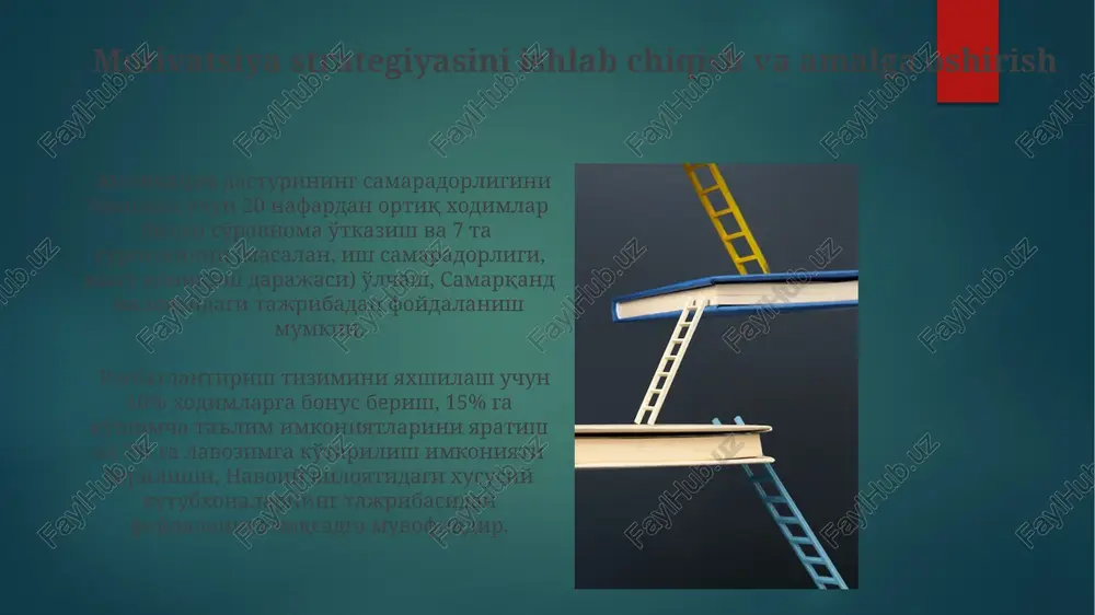 motivatsiya, toshkentdagi 10 ta kutubxonaning maosh miqdorini oshirish orqali ish samaradorligini 15% ga oshirishga qaratilgan siyosat bilan namoyon bo'ladi, bu iqtisodiy rag'batlantirishning bir turi hisoblanadi. axborot texnologiyalarining motivatsiyaga ta'siri samarqanddagi markaziy kutubxonada o'tkazilgan so'rov natijalariga ko'ra, 70% kutubxonachilar zamonaviy axborot texnologiyalaridan foydalanish imkoniyati ularning ishga bo'lgan qiziqishini va samaradorligini 25% ga oshirganini ta'kidlashdi. axborot texnologiyalari, jumladan, 5g tarmog'ining joriy etilishi, toshkent kabi yirik shaharlardagi kutubxonalarning global axborot maydoniga kirishini yaxshilaydi va bu esa xalqaro hamkorlik orqali yangi bilim va tajriba almashishga bo'lgan motivatsiyani kuchaytiradi. xodimlarni rag'batlantirishning samarali usullari xodimlarni motivatsiya qilishda, toshkent shahridagi katta kutubxonalarning tajribasi shuni ko'rsatadiki, martaba o'sishi va 5 kunlik ish haftasini joriy etish muhim ahamiyat kasb etadi. samarqanddagi kutubxonada o'tkazilgan tadqiqotlar shuni ko'rsatdiki, 30% xodimlarni oylik maoshdan tashqari bonuslar bilan rag'batlantirish ish samaradorligini 15% ga oshirgan. liderlik va motivatsiya kuchli rahbarlik 20 dan ortiq kitobxonalardagi 50 nafardan ziyod xodimlarning samaradorligini 30% ga oshirishi mumkin, bu esa …