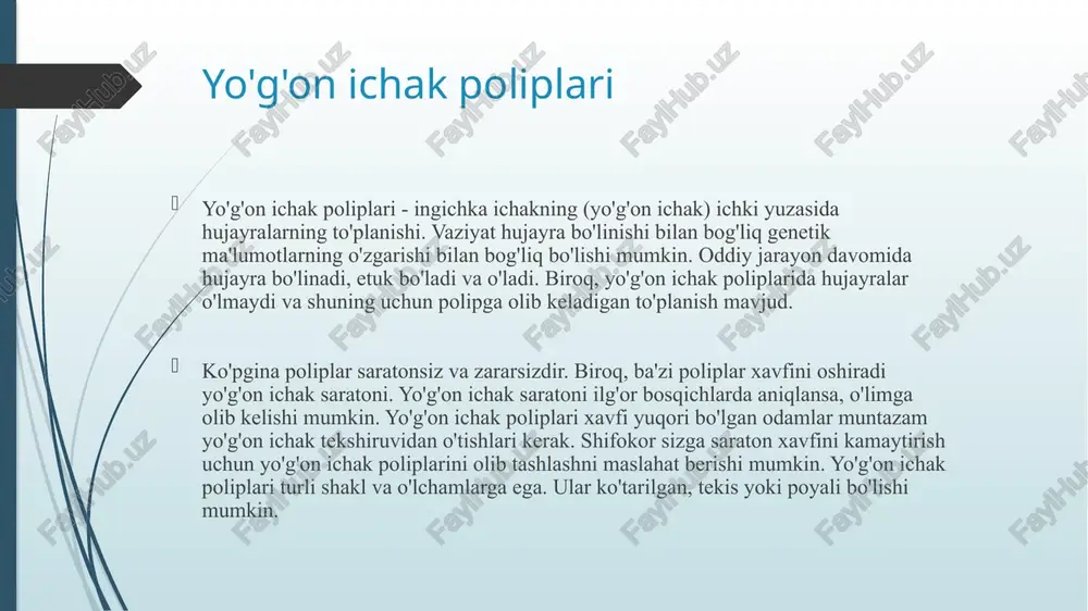 logik tekshiruv: polip malign bo‘lgan-bo‘lmaganligi aniqlanadi. nazorat kolonoskopiyasi: 1–3 yil oralig‘ida qayta bajariladi yangi poliplar tekshiriladi genetik testlar: agar fap yoki lynch sindromi gumon qilinsa oila a’zolari skriningi: genetik kasalliklarda zarur e’tiboringiz uchun rahmat ! image1.png image2.png image3.png image4.png image5.png /docprops/thumbnail.jpeg