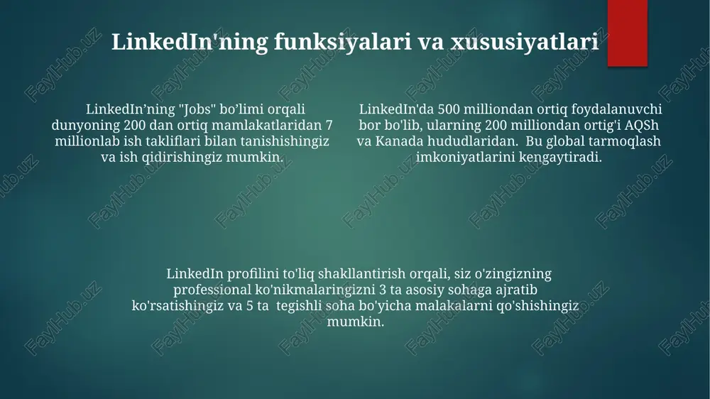 od foydalanuvchisi bilan dunyoning har bir burchagidan, jumladan, aqsh va hindistondan mutaxassislarni birlashtirib, ish izlash va biznesni kengaytirish imkoniyatlarini yaratadi. whatsapp orqali tezkor xabar almashish global miqyosda 2 milliarddan ortiq foydalanuvchilar o‘rtasida ijtimoiy aloqalarni mustahkamlashga, masalan, o‘zbekistonning qishloq joylarida ham yaqinlar bilan bog‘lanishni osonlashtirishga yordam beradi. shaxsiy va professional profillarni yaratish shaxsiy whatsapp profillariga rasmlar, videolar va emotsikonlar qo'shish mumkin, linkedin esa professional fotosurat va tavsifga, masalan, "o'zbekistonning it sohasidagi mutaxassis" kabi ma'lumotlarga ustunlik beradi. linkedin profilini to'ldirishda professional tajriba, mahorat va ko'nikmalar, masalan, 5 yillik dasturchi tajribasi yoki 3 yillik marketing bo'yicha bilim, kabi tafsilotlarni toshkent shahridagi ish izlash jarayonida muhim ahamiyatga ega. whatsapp'da 150 dan ortiq belgi bilan shaxsiy profil yaratish mumkin, linkedin esa 2000 belgidan ortiq professional profil ma'lumotlarini qabul qiladi, bu esa foydalanuvchilarga kengroq imkoniyat yaratadi. whatsapp va linkedin'ning biznesdagi roli linkedin, global miqyosda 800 milliondan ortiq professional bilan, o'zbekiston bozorida hamkorlarni topish, biznes-hamkorliklarni rivojlantirish va …