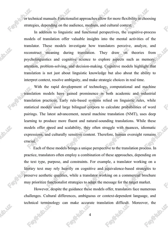 of human judgment and creativity. translation models are indispensable tools in both theoretical and practical domains. they provide a structured understanding of the translation process and help translators navigate complex linguistic and cultural terrain. by studying these models, translators and researchers gain deeper insights into how meaning is created, transferred, and received across languages. as global communication continues to grow in scale and complexity, the need for effective and adaptive translation models becomes even more critical. learning objectives: 1. define and explain key concepts related to translation and translation models within the broader field of translation studies. 2. identify and distinguish between major translation models, including linguistic, functionalist, cognitive, and technological approaches. 3. analyze the application of different translation methods and strategies in accordance with the type, purpose, and audience of the source text. 4. evaluate the strengths and limitations of various translation models when applied to different translation contexts, …