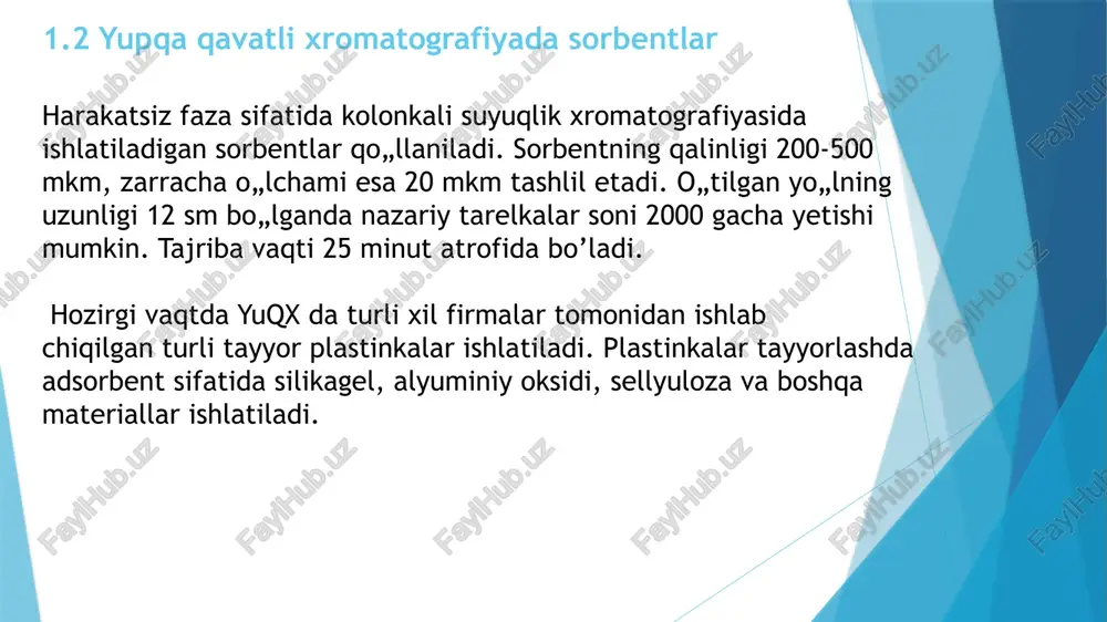 oddalarning toza standartlari bo„lmaganligi sababli chegaralandi. ii-bob: tajribaviy qism 2.1. xromatografiyada ishlatiladigan asboblar va texnik vositalar xromatografiya zamonaviy analitik kimyoning asosiy ustun metodlaridan biri bo‘lib, uning muvaffaqiyatli qo‘llanilishi asosan foydalanilayotgan asbob-uskunalar va texnik vositalarning sifatiga, aniqligiga va zamonaviyligiga bog‘liq bo‘ladi. xromatografik tahlil jarayoni murakkab fizik-kimyoviy jarayonlarni o‘z ichiga olganligi sababli ushbu metodda qo‘llaniladigan asboblar ham har bir bosqich uchun maxsus ishlab chiqilgan va aniqlik bilan sinchkovlikni ta’minlay olishi lozim. xromatografiyada qo‘llaniladigan asboblar va texnik vositalarni umuman olganda bir nechta asosiy komponentlarga bo‘lish mumkin: statsionar fazani joylashtirish tizimi (ustun yoki plastinka), harakatlanuvchi fazani ta’minlovchi tizim (eluent yoki gaz oqimi), namunani kiritish mexanizmi, ajratilgan komponentlarni aniqlovchi detektorlar, boshqaruv va qayd qilish tizimlari, shuningdek, yordamchi asboblar va tizimlarni ham kiritish mumkin. xromatografik ustun xromatografik ustun yoki kolonka bu metodda asosiy rol o‘ynaydigan elementlardan biridir. ustunlar turli materiallardan–shisha, zanglamaydigan po‘lat, plastmassa yoki inert metallardan tayyorlanadi va ichki qismi statsionar faza bilan to‘ldiriladi. suyuqlik xromatografiyasi …