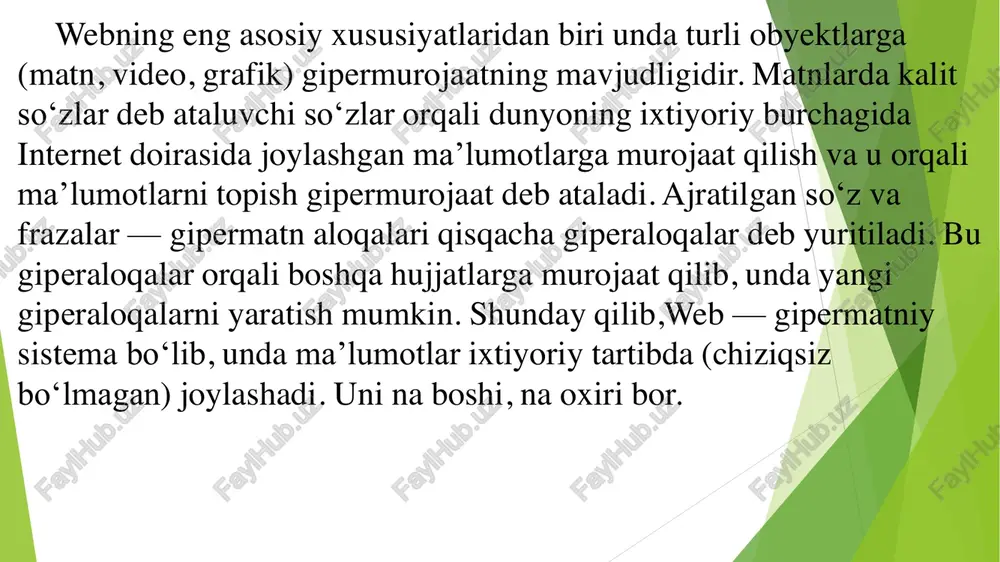 ipermatniy aloqalarga ega. html — hujjat tuzilishi. html tili andozasi boʻyicha hujjatga va larini kiritish tavsiya etiladi. brauzer html hujjatni oʻqiganida, ularning borligi hujjat boʻlimlarini aniq koʻrsatadi. agar ular boʻlmasa ham brauzer html hujjatni toʻgʻri oʻqiydi, lekin hujjat boʻlimlari bir-biridan ajralib turmaydi. web sahifalarini oʻqish vositalari (browserlar). www sistemasi bilan ishlashda maʼlumotlarni qulay koʻrinishda tasvirlash uchun kompyuterga maxsus browser (yoʻllovchi) programmasini o‘rnatish kerak. www browser bu www sistemasi bilan oʻzaro hamkorlikda ishlovchi amaliy programmalardir. www hujjatlari gipermatn hisoblanadi. kompyuter imkoniyatlaridan kelib chiqib, gipermatnlar oddiy matnlardan hujjat tuzilishining borligiga karab farq qiladi. koʻpgina browserlarda internetning boshqa servislariga ham kirish imkoni bor. masalan, bunga ftp, gopher va wais serverlari, telekonferentsiya serveri usenet hamda telnet serverlari kiradi. dynamic html kengaytirish. html vaqt o‘tishi bilan murakkablashib boradi. html andozalari ham takomillashib boradi. dhtml (dynamic html) — html hujjatning yangi andozasidir. u quyidagi yangiliklarni amalga oshiradi. html — hujjatni qurishda mumkin boʻlgan hodisalar sonini kengaytirish. …