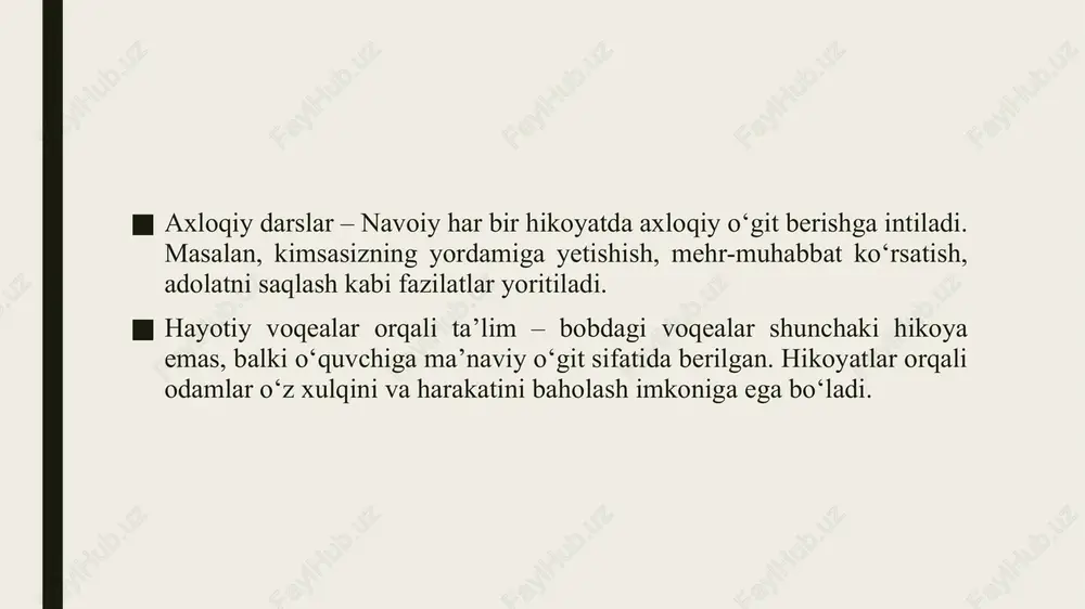 a ularning xarakteri. toshkent: “fan va texnologiya”, 2015. muminov, a. o‘zbek klassik hikoya adabiyoti. toshkent: “ma’naviyat”, 2007. bobojonov, h. alisher navoiy va uning axloqiy-odobiy ta’limotlari. toshkent: “adabiyot va san’at”, 2012. e’tiboringiz uchun raxmat image1.jpeg image2.jpeg image3.jpeg image4.jpeg /docprops/thumbnail.jpeg