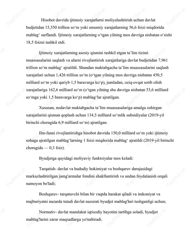 mi, byudjet hujjatlari shakllari, tamoyillari byudjet jarayoni, yagona tartib barcha darajadagi byudjetlarning xarajatlarini moliyalashtirish, buxgalteriya hisobi; daromad va xarajatlarni farqlash printsipi- rossiya federatsiyasining byudjet tizimi darajalari o'rtasida tegishli daromad turlarini va xarajatlarni amalga oshirish vakolatlarini birlashtirishni anglatadi; byudjet mustaqilligi printsipi: a) barcha darajadagi o'z daromad manbalarining mavjudligi; mustaqil; b) byudjet xarajatlarini mustaqil taqsimlash; v) byudjet taqchilligini moliyalashtirish manbalarini aniqlash; d) har bir darajadagi byudjet jarayonini amalga oshirish va boshqalar. daromad va xarajatlarni aks ettirishning to'liqligi printsipi- barcha daromadlar va xarajatlar barcha darajadagi byudjetlarda to'liq aks ettirilishi kerak; balanslangan byudjet printsipi- ko'zda tutilgan byudjet xarajatlari miqdori byudjet daromadlari hajmiga mos kelishi kerak, ya'ni kamomad minimal bo'lishi kerak; byudjet mablag'laridan foydalanishda samaradorlik va tejamkorlik printsipi - byudjetlarning bajarilishi eng kam mablag 'sarflangan holda belgilangan natijalarga erishish va eng yaxshi natijaga erishish zarurligidan kelib chiqishi kerak; xarajatlarni qoplashning umumiy printsipi- barcha byudjet xarajatlari daromad va tushumlar hisobidan qoplanishi kerak; oshkoralik printsipi- matbuotda majburiy …