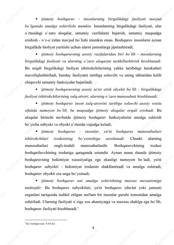 hqariluvchining irodasiga qaraganda ustundir. aynan mana shunda ijtimoiy boshqaruvning hokimiyat xususiyatiga ega ekanligi namoyon bo`ladi, ya'ni boshqaruv subyekti - hokimiyat irodasini shakllantiradi va amalga oshiradi, boshqaruv obyekti esa unga bo`ysinadi; · ijtimoiy boshqaruv uni amalga oshirishning maxsus mexanizmiga muhtojdir. bu boshqaruv subyektlari, ya'ni boshqaruv (davlat yoki jamoat) organlari tariqasida tashkil etilgan ma'lum bir insonlar guruhi tomonidan amalga oshiriladi. ularning faoliyati o`ziga xos ahamiyatga va maxsus shaklga ega bo`lib, boshqaruv faoliyati hisoblanadi.[footnoteref:5] [5: ko`rsatilgan asar. 5-6-b.lar] yu.n.starilov esa, ijtimoiy boshqaruvning quyidagi o`ziga xos xususiyatlarini ko`rsatib o`tadi: 1) ijtimoiy boshqaruv - insonlarni (ma'lum bir individlarni, guruhlarni, jamiyatni) boshqarish bo`lib, insonlar o`zaro munosabatining alohida ko`rinishi hisoblanadi. inson - ijtimoiy mavjudotdir. chunki u jamiyatdan tashqarida mavjud bo`la olmaydi. inson hayotining muhim xususiyatlaridan biri esa, ijtimoiy hayotning turli sohalarida birgalikda ularning faoliyat yuritishi hisoblanadi. birlashish - inson mavjud bo`lishining asosiy vositasidir. insonlarning jamoasi ma'lum bir tashkilot shakliga ega bo`lib, u harakatlarni muvofiqlashtirish va yo`naltirish, uning …