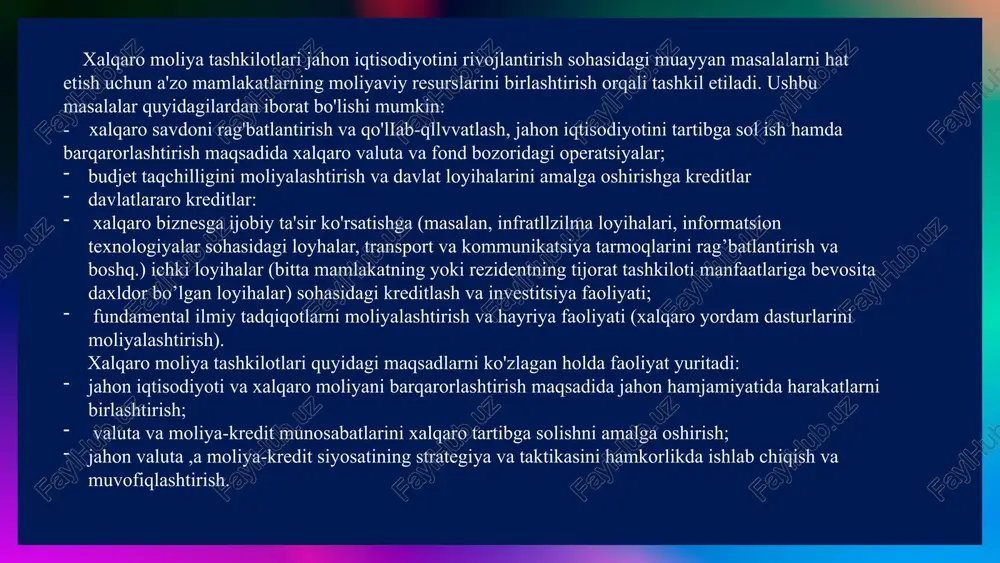 faoliyat; amalga oshiriladigan dasturlar va ko'rsatiladigan xizmatlar tarkibi va tuzilmasini muntazam to'g'rilab borish; boy va qashshoq mamlakatlar o'rtasida resurslarni taqsimlashda vositachilik qilish xttb - 1944-yilda bretton-yudsdagi (aqshning nyu-xempshir shtatidagi shaharcha) xalqaro valyuta - moliyaviy konferensiyasida xyf bilan bir vaqtda tuzilgan davlatlararo investitsiya institutidir. bir vaqtning o'zida bankning nizomi ham bo'lib qolgan xttb haqidagi bitim 1945-yilda rasmiy jihatdan ko’chga kirgan bank o’z faoliyatini1946-yildan boshlagan xttb shtab kvartirasi aqshning vashington shahrida joylashgan xalqaro rivojlanish assotsiatsiyasi (xra) - lahon banki guruhiga kiruvchi xalqaro tashkilot bo'jib, u 1960-yilda tashkil etilgan. xra kelishuvlar moddasining l moddasiga muvofiq, uning maqsadi iqtisodiy rivojlanishni rag'batlantirish, samaradorlikni oshirish va shuning asosida, sust rivojlangan a'zo mamlakatlarda aholi turmush tarzini oshirish, shuningdek. an'anaviy kreditlarga nisbatan og'ir bo'lmagan qulay shartlarda moliyaviy ko'mak berish hisoblanadi. xalqaro moliya korporatsiyasi (x m k) (ing. i nternational finance corporation, i fc) jahon banki guruhiga kiruvchi xalqaro tashkilotdir. tashkiiotning shtab-kvartirasi vashingtonda (aqsh) joylashgan. 1956-yilda rivojlanayotgan mamlakatlarga xususiy …