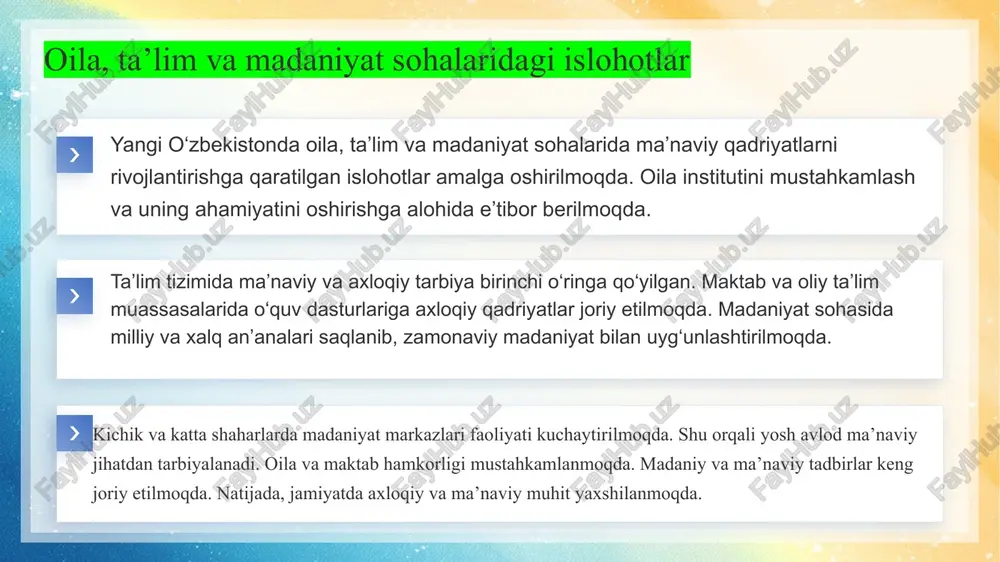 axloqiy va madaniy qadriyatlarni targ‘ib qilish orqali jamiyatda ijtimoiy barqarorlik mustahkamlanadi. ommaviy axborot vositalari va ta’lim tizimi orqali fuqarolarga axloqiy, ma’naviy va madaniy bilimlar yetkaziladi. jamiyatda hurmat, mas’uliyat va vatanparvarlik hissi kuchayadi. fuqarolar o‘z huquqlari va burchlarini anglab, jamiyatdagi tinchlik va tartibni saqlashga hissa qo‘shadi. mahalla, oila va jamoat institutlari barqarorlikni ta’minlashda faol rol o‘ynaydi. shu bilan birga, madaniy tadbirlar va loyihalar jamiyatning ma’naviy uyg‘onishiga xizmat qiladi. natijada, fuqarolar ongining rivojlanishi barqaror jamiyatning poydevorini yaratadi. axloqiy qadriyatlarni o‘zlashtirish fuqarolarda mas’uliyat va hurmat tuyg‘usini mustahkamlaydi. bu jarayon jamiyatda ijtimoiy barqarorlikni ta’minlaydi. ma’naviy o‘zgarishlar natijasida jamiyatda ijtimoiy-ma’naviy uyg‘onish yuzaga keladi. fuqarolar faol ishtirok etadi va o‘z fikrini bildirish imkoniga ega bo‘ladi. jamoat tashkilotlari, mahalla va yoshlar markazlari fuqarolik faolligini oshirishga xizmat qiladi. ta’lim va madaniyat sohalarida yangi dasturlar fuqarolarni ongli va faol shaxs sifatida tarbiyalaydi. axloqiy qadriyatlar jamiyatning birlashuviga, ijtimoiy masalalarni hal qilishga hissa qo‘shadi. fuqarolik faolligi orqali jamiyatdagi muammolar tezkor va …