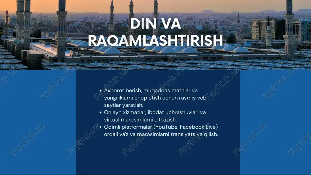 mlashtirish o'rganish, muloqot qilish va ma'naviy qo'llab-quvvatlash uchun yangi imkoniyatlar ochadi. - biroq, u tijoratlashtirish, haqiqiylik va urf-odatlarni saqlash borasida ham savollar tug'diradi. muhokama uchun savollar 1. virtual muhitda ruhiy tajribaning chuqurligini qanday saqlash kerak? 2. qanday choralar internetda dezinformatsiya va radikallashuvning oldini olishga yordam beradi? 3. diniy jamoalar an'ana va raqamli innovatsiyalar o'rtasida qanday muvozanatni saqlashi mumkin? xulosa