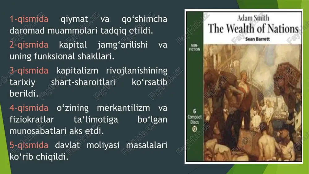 to‘g‘risida insho d) soliqlar to‘g‘risida risola 2. adam smitga ko‘ra, milliy boylikning manbai nima? tabiiy resurslar b) davlat siyosati c) mehnat unumdorligi d) savdo siyosati 3. rikardo iqtisodiyotda qanday sinflarni ajratgan? ishchilar, kapitalistlar, yer egalari b) ishchilar, tadbirkorlar, davlat c) savdogarlar, dehqonlar, hunarmandlar d) ishchilar, davlat, investorla 4. adam smit va devid rikardoning umumiy jihati: a) har ikkisi merkantilizm tarafdori b) har ikkisi erkin raqobat va mehnat nazariyasini qo‘llab-quvvatlagan c) har ikkisi pul nazariyasini yaratgan d) har ikkisi davlat boshqaruvini kuchaytirishni xohlagan 5. adam smitning fikricha, boylikning manbai: a) kapital b) mehnat c) yer d) pul 6. «xalqlar boyligining tabiati va sabablari to‘g‘risida tadqiqot» asari qachon yozilgan? a) 1767 b) 1776 c) 1766 d) 1777 7. rikardo «yer mahsuloti» deb nimani nazarda tutgan? milliy daromad va milliy boylik b) kapital va yer c) ishlab chiqarish d) tabiiy resurslar 8. “xalqlar boyligi….” asararini 5-qismida qanday masala ko’rib chiqiladi? davlat moliyasi b) …