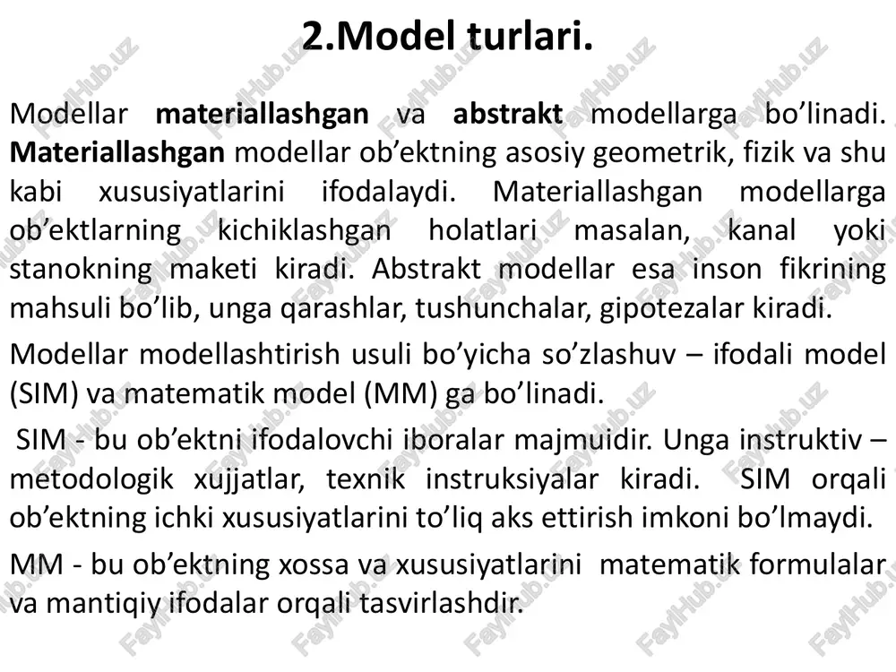 mda tajribani o’tkazishda foydalanilgan o’lchash asboblarining aniqlik darajasiga bog’liq bo’ladi. tajribalar soni qancha ko’p bo’lib, o’lchash asboblarining aniqlik darajasi qancha yuqori bo’lsa, olingan natijalar haqiqiy natijalarga yetarlicha yaqin bo’ladi, ya’ni model adekvat bo’ladi. • ob’ektning adekvat matematik modelini tuzish uchun, birinchidan ob’ektning barcha xossa va xususiyatlarini to’liq o’rganish kerak bo’lsa, ikkinchidan bu xususiyatlarning barchasi qurilgan matematik modelda o’z aksini topgan bo’lishi zarur. shu bilan birga matematik modelni yechishda foydalaniladigan yechish usuli yetarlicha aniqlikka ega bo’lishi talab etiladi.