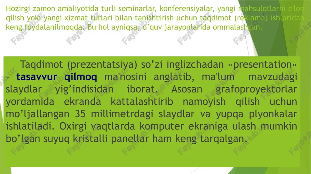in. slaydlar ketma-ketligi ekranning o’ng tomonidagi yurgich (prokrutka) yordamida siljitiladi. izohlar bo’lagida esa, ma'ruzachi uchun kerak bo’ladigan yoki eshituvchilar uchun axborotlar yozilgan bo’lishi mumkin. slaydlar saralash ish rejimida microsoft power point oynasida barcha slaydlar baravariga miniatura ko’rinishida namoyon bo’ladi. bu rejim slaydlarni qo’shish, ulardan keraksizini olib tashlash yoki joylarini almashtirish imkonini beradi. taqdimot slaydlarini istalgan vaqtda ko’rish mumkin. bu pokaz slaydov rejimida amalga oshiriladi. bu ish repetitsiya yoki auditoriya oldida namoyish etish uchun bajariladi. agar u animatsiyalar orqali va slaydlar ketma-ketligi bilan katta ekranda namoyish etilsa, maqsadga muvofiq ish bo’ladi. slaydlar ketma-ketligi sichqoncha bilan boshqariladi. ms power point 2010 oynasi ko'rinishi oddiy va sodda bo'lib, unda professional darajadagi taqdimotlar yaratishga kerak bo'ladigan barcha vosita(instrument)lar jamlangan. uning tasma(lenta)sida to'qqiz guruhga bo'lingan vkladkalar mavjud bo'lib, ularda: fayl - fayl yaratish, ochish, saqlash, chop etish, ma’lumot olish glavnaya - slaydlar, almashishlar buferi, shriftlar, abzatslar, chizmalar, qidirish va almashtirish vstavka - slaydga jadval, tasvir, …
