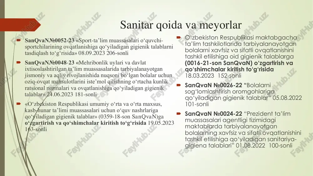 alari va gigiena normativlari” 09.12.2024 318-sonli  sanqvan№0071-24 “dorixonalarning joylashuvi va jihozlanishiga doir sanitariya qoidalari, normalari va gigiena normativlari” 03.05.2024 248-sonli  sanqvan№0067-24 “pestitsidlarni zaharliligi va xavfliligiga ko‘ra tasniflarga ajratishga doir gigienik talablar” 11.03.2024 239-sonli  sanqvan№0058-23 «idishlarda qadoqlangan ichimlik va tabiiy mineral suvlarni qayta ishlash va quyish bilan shug‘ullanuvchi korxonalar uchun sanitariya qoidalari» 14.12.2023 224- sonli mehnat gigiyenasi bo‘limiga tegishli sanitar qoida va meyorlar  sanqvan№0069-24 “ishlab chiqarish muhiti omillarining zararliligi va xavfliligi, mehnat jarayonining og‘irligi va tig‘izligi ko‘rsatkichlari bo‘yicha mehnat sharoitlarining gigienik tasnifi» 25.03.2024 241-sonli  sanqvan №0066-24 “temir yo‘l vokzallariga, poezdlarga xizmat ko‘rsatish va reysga tayyorlash punktlariga, vagon, lokomotiv va vagon-restoranlarga qo‘yiladigan sanitariya-gigiena talablari” 14.03.2024 240-sonli  sanqvan №0030-22 “ipak qurti urug‘chiligi korxonalari uchun sanitariya-gigiena talablari” 28.07.2022 99-sonli  sanqvan №0028-22 “shoyi to‘qish korxonalari uchun gigiena talablarini”  sanqvan №0008-20 “turar joylarda, jamoat binolarida, aholi yashash hududlarida va dam olish zonalarida ruxsat etilgan shovqin darajasining sanitariya qoidalari …