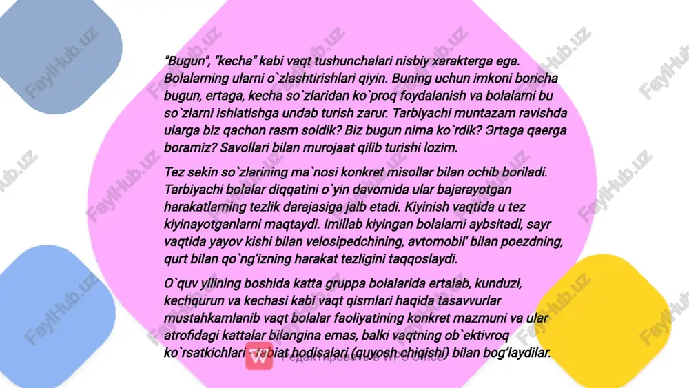 ayoti, butun o’qish va mehnat faoliyati davomida juda zarur bo’lgan fazilatdir. bog’chada turli didaktik mashg’ulotlar o’tkazish, ekskursiyalar tashkil qilish orqali bolalarda kuzatuvchanlikni tarbiyalab boriladi. 1 3 4 bu jihatdan yil fasllari (baqor, yoz, kuz, qish) bo’yicha o’tkaziladigan ekskursiyalar, rasmga qarab so’zlatish (kim ko’proq narsani ko’radi) yaxshi natija beradi. albatta, ekskursiya mashg’ulotlar paytida bolalarga beriladigan savollar oldindan o’ylab olingan, ya'ni rejali asosda bo’lishi kerak. bog’cha yoshidagi bolalar idrokining normal o’sishi hamda ularda kuzatuvchanlikning kamol topishi ko’p jihatdan tarbiyachilarga, ularning pedagogik mahoratiga bog’liqdir. insonnig kundalik ish faoliyatida vaqt juda muhim o`rin tutadi. vaqtiga qarab o`z ish faoliyatini boshlaydi., harakatlarini tezlashtiradi yoki sekinlashtiradi, vaqtga moslashishni talab qiladi. vaqtni sezish insonni vaqtini tejashga, undan unumli foydalanishga harakat qilishga undaydi. vaqt o’quvchining o’quv hayotida boshqaruvchanlik rolini o`taydi. b.g.anan'eva rahbarligida psixologo - pedagogik tekshirishlar o`tkazilib, unda bolalarning aqliy taraqqiyoti o’quv yili protsessida kuzatiladi. 63% 96% 30% 45% . bu tekshirish shuni ko`rsatadiki, bolalarning hech birida vaqtga …