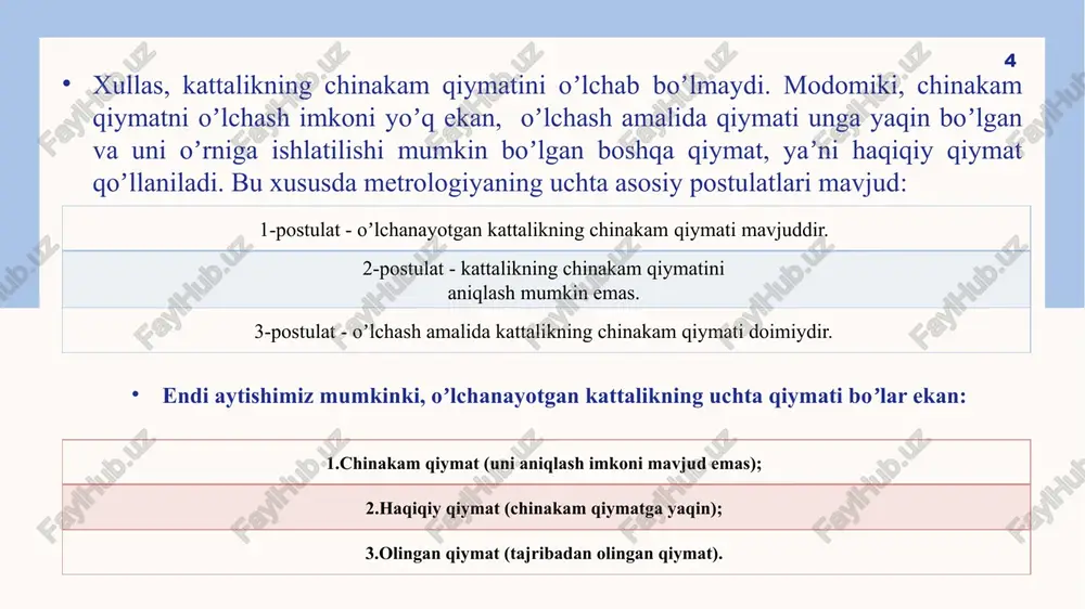 salan, koʼz oldimizda turgan ixtiyoriy bir narsani, aytaylik stolni olaylik. uning tomonlarining uzunligini aniqlash kerak boʼlsa, bizning koʼz oldimizga bir metrga teng boʼlgan uzunlik keladi va unga nisbatan qiyos qilib taxminiy tarzda eni va boʼyi toʼgʼrisidagi maʼlumotlarni olishimiz mumkin. lekin bu shunday tez va gʼayri oddiy bir tarzda yuz beradiki, biz bu haqda oʼylashga ulgurmaymiz ham, koʼz oldimizga keltira olmaymiz ham. boshqa bir kattalik, masalan, tanavvul qilayotgan ovqatning mazasini koʼraylik. bu kattalik hozircha oʼlchab boʼlmaydigan kattaliklardan. u odatda faqat baholanadi. baholash esa, individual tarzda boʼlib muayyan mezon asosida amalga oshiriladi. bunda mezonlarning soni birdan tortib, bir nechtagacha boʼlishi mumkin. 8 masalan va hokazolar. agar ovqatning faqat mazasi yoki soddaroq boʼlishi uchun tuzning yaxshi -yomonligini koʼrib chiqaylik. bunda biz xuddi shu kattalikiing (yaʼni tuz miqdorining) yaxshi boʼlgan qiymatini olamiz va shu qiymatga nisbatan yuqorida yoki pastda boʼlgan holatga guvoh bo’lamiz. 9 2 mezon yahshi yomon 3 mezon yahshi yomon 5 mezon …