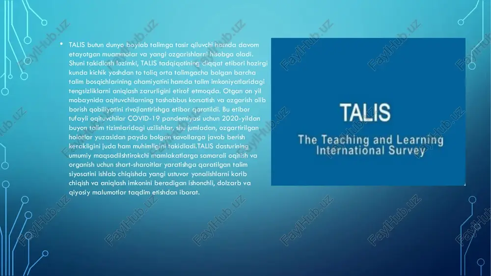 vishda tanlab olinadi. odatda har bir maktabdan ortacha 20 nafar oqituvchi sorovda ishtirok etadi. oqituvchilarning tanlanishi tasodifiy bolib, bunda ularning mutaxassisligi, tajribasi va boshqa korsatkichlar ahamiyatli emas.2. maktab rahbarlari: tadqiqotga nafaqat oqituvchilar, balki maktab rahbarlari (direktorlar) ham jalb qilinadi. maktab rahbarlari talim muassasalarini boshqarish, oqitish sharoitlari va ta'lim sifatiga ta'sir qiluvchi omillarni tushuntirishda muhim manba hisoblanadi.tanlash jarayonining ahamiyati:vakillik: maktablar va oqituvchilarning tanlab olinishi davlat talim tizimining turli darajalardagi, turli hudud va sharoitlarda faoliyat korsatayotgan oqituvchilarni qamrab olishini taminlaydi.xalqaro qiyoslash imkoniyati: tasodifiy va vakillik asosida amalga oshirilgan tanlov boshqa mamlakatlar bilan adolatli taqqoslash imkoniyatini beradi, chunki barcha mamlakatlar bir xil metodologiyaga amal qiladi. shunday qilib, talisda maktab va oqituvchilarni tanlash jarayoni butun tizimni qamrab oluvchi ishonchli va muvofiq ma'lumotlar olishga xizmat qiladi. e‘tiboringiz uchun tashakkur slide 1: andijon davlat pedagogika instituti pedagogika fakulteti boshlang‘ich ta’lim yo‘nalishi 303-guruh talabasi baxodirjonova zarnigorning xalqaro baholash dasturi fanidan tayyorlagan prizintatsiyasi. slide 2: mavzu:talis xalqaro baholash …
