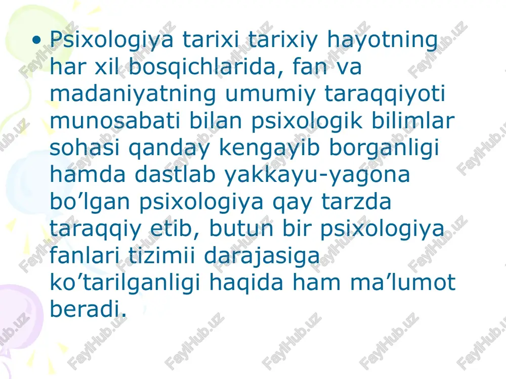 ri 50-yillar. psixologiyada krizisning pasayishi. sobiq sovet psixologiyasi nazariy sohasi taraqqiyoti. o’zbekistonda psixologiya fanining shakllanishi. > 60-yillardan shu davrgacha psixologiyada yangi nazariy yondoshishlarni qidirish davri. tarixiy tadqiqotlardagi eng muhim printsip - tarixiylik printsipidir. bu printsip tadqiqotchidan o’rganilayotgan hodisaning shu davrning hamma o’ziga xosliklari, ijtimoiy madaniy aloqalari, uning butun konkret mazmuni bilan birga o’rganib, o’rganiladigan xodisaning qaytarilmasligi va noyobligini ko’rsata olishni talab qiladi. tarixiylik printsipining tuzilishi prezentizm va antikvarizmda ko’rinadi. prezentizm - tarixiy tadqiqotni o’rganilayotgan davrdan faqatgina xozirgi zamon tasavvurlariga mos bo’lgan ko’rinishlarigina ajratib olib o’rganish bilan cheklab qo’yiladi. antikvarizm - aksincha tarixiy o’tmishni hozirgi zamon talablariga bog’liq bo’lmagan, qotib qolgan hodisa sifatida o’rganadi tarixiy psixologik tadqiqotlarda m.g.yaroshevskiy ta’kidlaganidek, determinizm - sababiylik printsipi katta ahamiyatga ega. tarixda uning fikricha determinizmning ko’plab turlari paydo bo’lgan. mexanikadan oldin, mexanik, biodeterminizm, psixodeterminizm, sotsiodeterminizm. bularning har biri psixik hodisalar o’z - o’zidan paydo bo’ladi deb talqin qiluvchi indeterminizmga qarshi turadi. dinamik determinizm narsa va hodisalar …