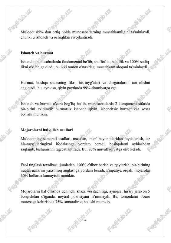 munosabatlar, odatda, har bir sherikdan olingan foyda va hissa o'rtasidagi muvozanatga asoslanadi, tenglikning yo'qligi norozilikka olib kelishi mumkin. tadqiqotlar shuni ko'rsatadiki, romantik munosabatlardagi muvaffaqiyat omillari, jumladan, samarali muloqot (70%), o'zaro hurmat (20%) va kelishmovchiliklarni hal qila olish qobiliyati (10%) hisoblanadi. ish joyidagi munosabatlar ish joyida professional munosabatlar samaradorlikni oshiradi, bu erda 70% xodimlar yaxshi hamkasblik yordamida o'z vazifalarini muvaffaqiyatli bajarishini ta'kidlaydi. sog'lom munosabatlar stressni kamaytiradi; tadqiqotlar ko'rsatishicha, 65% xodimlar ish joyidagi ijobiy muhit ularning ruhiy salomatligini yaxshilaydi, ishdan qoniqish hosil qiladi. rahbariyat va xodimlar o'rtasidagi ishonchli munosabatlar innovatsiyani rag'batlantiradi, chunki 50% xodimlar ochiq aloqa orqali yangi g'oyalarni taklif qilishga tayyorligini aytishadi. munosabatlarni saqlash munosabatlarni saqlashda '5:1 nisbati' qoidasiga amal qilish muhim: har bir salbiy o'zaro ta'sirga kamida beshta ijobiy o'zaro ta'sir to'g'ri kelishi kerak. empatik tinglash, ya'ni boshqaning fikrlarini to'liq tushunish uchun faol harakat qilish, munosabatlardagi ziddiyatlarni kamaytirishga yordam beradi va ishonchni mustahkamlaydi. munosabatlarda 'uzr so'rash tillari' tushunchasi mavjud bo'lib, …