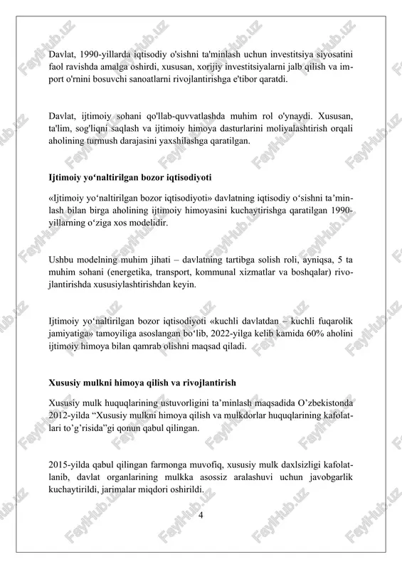 k loyihalar amalga oshiriladi. bu loyihalar eksport hajmini 1,5 barobarga oshirish va yangi ish o'rinlari yaratishga qaratilgan. qishloq xoʻjaligini isloh qilish qishloq xoʻjaligini isloh qilishda 1990-yillarda xususiy dehqon xoʻjaliklarini rivojlantirishga eʼtibor qaratildi, bu esa 70% dan ortiq mahsulot ishlab chiqarishga olib keldi. agrar islohotlar davomida davlat buyurtmasi bosqichma-bosqich kamaytirildi va 2008-yilga kelib paxta va gʻalladan tashqari barcha mahsulotlar boʻyicha bekor qilindi. fermer xoʻjaliklarini qoʻllab-quvvatlash maqsadida soliq imtiyozlari berildi va kreditlash tizimi takomillashtirildi, bu esa ularning samaradorligini oshirishga yordam berdi. ijtimoiy sohani rivojlantirish aholini ijtimoiy himoya qilish tizimi takomillashtirildi, 2024-yilda kam ta’minlangan oilalarni qo’llab-quvvatlash uchun 1,5 trillion so’m mablag’ ajratildi, bu 2023-yilga nisbatan 20% ga ko’pdir. ta’lim sohasida 2024-yilda 100 ta yangi maktab qurildi va 500 ta maktab rekonstruksiya qilindi, pirovard natijada umumiy o’rta ta’lim qamrovi 98% ga yetkazildi. sog’liqni saqlash sohasida 2024-yilda “tez yordam” xizmati avtoparki 300 ta yangi zamonaviy avtomobil bilan to’ldirildi, bu esa xizmat ko’rsatish tezligini 15% ga …