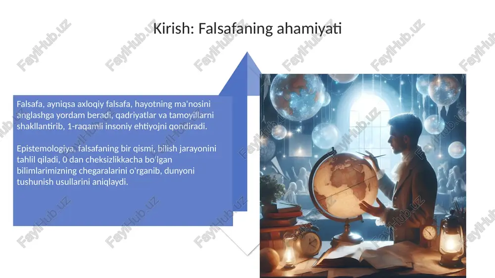 am beradi. zamonaviy dunyoda falsafaning roli falsafa tanqidiy fikrlashni rivojlantiradi, shuning uchun 21-asrda faktlar va yangiliklar oqimida 0 va 1 raqamlaridan iborat ma'lumotlarni analiz qilish uchun muhimdir. zamonaviy jamiyatda falsafa axloqiy dilemmalarni hal qilishda yordam beradi, sun'iy intellekt 2.0 kabi texnologiyalarning 3 ta asosiy muammolarini ko'rib chiqadi. xulosa: falsafa bilan hayotga yangicha nigoh falsafa, hayotga yangicha nigoh sifatida, voqelikni 360 daraja tushunishga yordam beradi, oddiy faktlardan chuqur ma'nolarni qidirish orqali insoniy qadriyatlarni shakllantiradi. falsafiy tafakkur, masalan stoitsizmda, tashvishlardan xalos bo'lishning 4 ta asosiy usulini ko'rsatadi: fazilat, aql, tabiatga muvofiqlik va nazorat qilinadigan narsalarga e'tibor. e'tiboringiz uchun rahmat image3.png image5.jpg image6.jpg image7.jpg image8.jpg image9.jpg image10.jpg image11.jpg image12.jpg image13.jpg image14.jpg image15.jpg image16.jpg image17.jpg image18.jpg image4.png image19.jpg image20.jpg image21.jpg image1.jpeg image2.jpeg