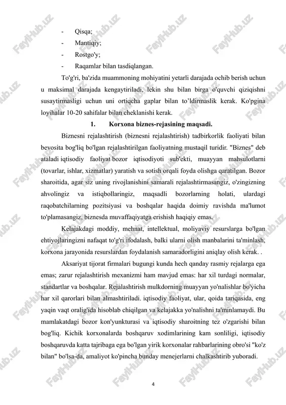 rmasangiz, o'zingizning ahvolingiz va istiqbollaringiz, maqsadli bozorlarning holati, ulardagi raqobatchilarning pozitsiyasi va boshqalar haqida doimiy ravishda ma'lumot to'plamasangiz, biznesda muvaffaqiyatga erishish haqiqiy emas. kelajakdagi moddiy, mehnat, intellektual, moliyaviy resurslarga bo'lgan ehtiyojlaringizni nafaqat to'g'ri ifodalash, balki ularni olish manbalarini ta'minlash, korxona jarayonida resurslardan foydalanish samaradorligini aniqlay olish kerak. . aksariyat tijorat firmalari bugungi kunda hech qanday rasmiy rejalarga ega emas; zarur rejalashtirish mexanizmi ham mavjud emas: har xil turdagi normalar, standartlar va boshqalar. rejalashtirish mulkdorning muayyan yo'nalishlar bo'yicha har xil qarorlari bilan almashtiriladi. iqtisodiy faoliyat, ular, qoida tariqasida, eng yaqin vaqt oralig'ida hisoblab chiqilgan va kelajakka yo'nalishni ta'minlamaydi. bu mamlakatdagi bozor kon'yunkturasi va iqtisodiy sharoitning tez o'zgarishi bilan bog'liq. kichik korxonalarda boshqaruv xodimlarining kam sonliligi, iqtisodiy boshqaruvda katta tajribaga ega bo'lgan yirik korxonalar rahbarlarining obro'si "ko'z bilan" bo'lsa-da, amaliyot ko'pincha bunday menejerlarni chalkashtirib yuboradi. biznes-rejani ishlab chiqishning asosiy maqsadi - bozor ehtiyojlari va zarur resurslarni olish imkoniyatlaridan kelib chiqqan holda kompaniyaning …