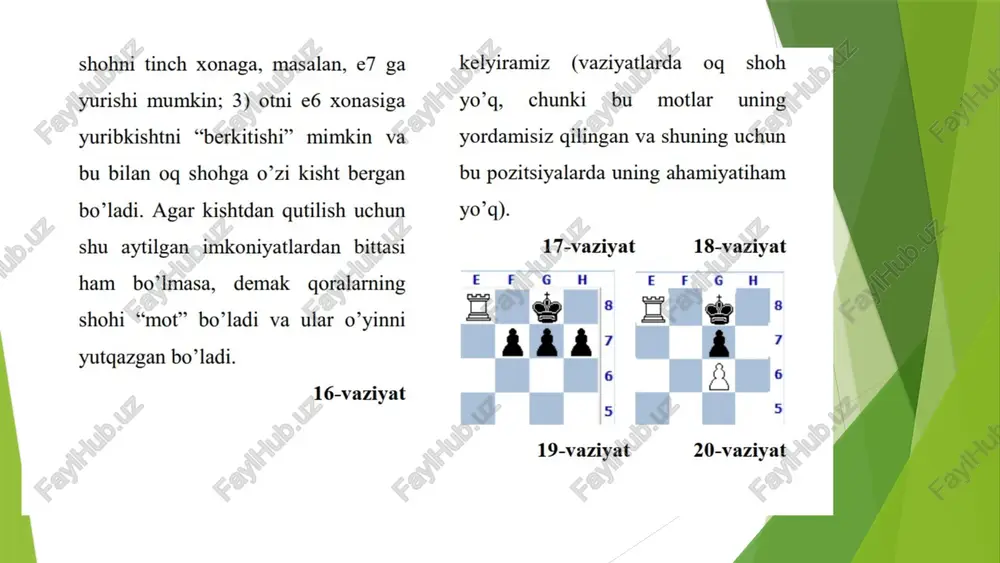 latlari ko‘p uchraydi. u doimo raqibining eng zaif nuqtasini topa olardi. 2 anatoliy karpovning strategik motlari karpovning uslubi ko‘proq pozitsion ustunlikka asoslangan bo‘lsa-da, u raqibini asta-sekin bo‘g‘ib, shohni qulay joyga majburlab, oxirida bir yurishda mot bilan o‘yinni yakunlashi mumkin edi. uning motlari ko‘pincha tabiiy natija sifatida ko‘rinardi. 3 motga olib kelgan dramatik yurishlar ko‘plab tarixiy partiyalarda "birdaniga mot" vaziyatlari katta hayrat uyg'otgan. bunday pozitsiyalarni tahlil qilish, shaxmatchining imkoniyatlar doirasini kengaytiradi va ko‘z bilan aniqlash qobiliyatini oshiradi. 11 bir yurishda mot qilish imkoniyatini topish nafaqat g‘alabaga erishishni anglatadi, balki o‘yinning umumiy strategiyasiga ham katta ta'sir ko‘rsatadi. tezkor g‘alabalar turnir sharoitida vaqt cheklanganligi sababli, bir yurishda mot qilish eng samarali usul hisoblanadi. bu o‘yinni qisqa vaqt ichida hal qilish va qimmatli energiya va vaqtni tejash imkonini beradi. psixologik bosim bir yurishda mot qilish imkoniyatini qo‘ldan boy berish yoki o‘tkazib yuborish raqibga katta psixologik ta'sir ko‘rsatadi. hujum qiluvchi tomonning bu kabi aniq yurishi …