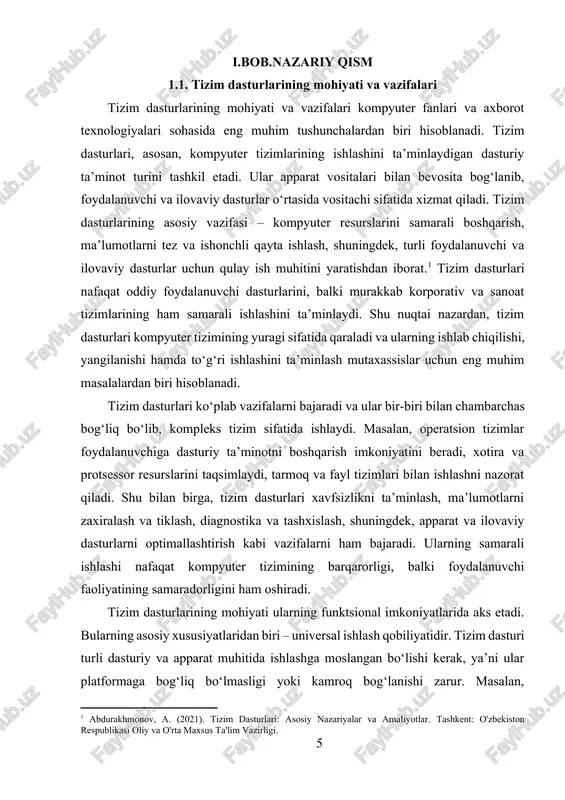 izim dasturlari: asosiy nazariyalar va amaliyotlar. tashkent: o'zbekiston respublikasi oliy va o'rta maxsus ta'lim vazirligi.] tizim dasturlari ko‘plab vazifalarni bajaradi va ular bir-biri bilan chambarchas bog‘liq bo‘lib, kompleks tizim sifatida ishlaydi. masalan, operatsion tizimlar foydalanuvchiga dasturiy ta’minotni boshqarish imkoniyatini beradi, xotira va protsessor resurslarini taqsimlaydi, tarmoq va fayl tizimlari bilan ishlashni nazorat qiladi. shu bilan birga, tizim dasturlari xavfsizlikni ta’minlash, ma’lumotlarni zaxiralash va tiklash, diagnostika va tashxislash, shuningdek, apparat va ilovaviy dasturlarni optimallashtirish kabi vazifalarni ham bajaradi. ularning samarali ishlashi nafaqat kompyuter tizimining barqarorligi, balki foydalanuvchi faoliyatining samaradorligini ham oshiradi. tizim dasturlarining mohiyati ularning funktsional imkoniyatlarida aks etadi. bularning asosiy xususiyatlaridan biri – universal ishlash qobiliyatidir. tizim dasturi turli dasturiy va apparat muhitida ishlashga moslangan bo‘lishi kerak, ya’ni ular platformaga bog‘liq bo‘lmasligi yoki kamroq bog‘lanishi zarur. masalan, zamonaviy operatsion tizimlar turli protsessor arxitekturasi va qurilmalarni qo‘llab-quvvatlashi, shuningdek, turli tarmoqlar va protokollar bilan ishlashga qodir bo‘lishi kerak. shu nuqtai nazardan, tizim …