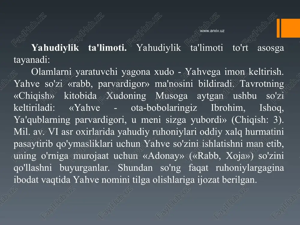 hinduizmda keyingi davrda vedalardan tashqari xalq og'zaki ijodi namunalari, jumladan, «maxabxarata», ham muqaddas yozuvlarqatoriga qo'shilgan. hinduizmda ham braxmanlar asosiy o'rinni egallaydi. shuning uchun ham mazkur adabiyotlarning ko'pchiligi braxmanlar tomonidan yaratilgan. ular eski aqidalaming zamon talabiga javob bermasligini ko'rib, yangi qonun qoidalarga mos ravishda turli oqimlarni yuzaga keltirdilar. ular shu yo'l bilan o'z raqiblari hisoblangan buddistlarga qarshi kurash olib bordilar. hinduizm braxmanizmdan katta farq qiladi. unda maxabxarata va boshqa she'riy matnlar qadimgi sanskrit tilidan zamonaviy hind tiliga tarjima qilinib, muqaddasligi jihatidan asl matni bilan bir xil hisoblanadi. www.arxiv.uz www.arxiv.uz j a y n i z m . jaynizmning kelib chiqishi haqida ko'plab afsonaviy rivoyatlar mavjud. rigveda kitobida jaynizmning ikki tirtxakar\ar (yo'l tuzuvchi, ruhlarni ozod qiluvchi) rishabxa va arishtanem haqidagi rivoyat keltirilgan. ulardan birinchisi - rishabxa jaynizm ta'limotining asoschisi hisoblanadi. bu rivoyatlarda rishabxa shaxsida ilohiyat naroyana, ya'ni vishnu mujassam bo'lgan. bu ma'lumotlar ' jaynizmning veda dinlaridan ham qadimiyroq ekanligini ko'rsatadi. jaynizm dini …