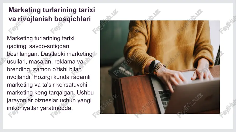 li brendlar o'z mahsulotlarini keng auditoriyaga taqdim etishadi, masalan, televidenie va gazetalarda. pr va aloqa jamoatchilik bilan aloqalar (pr) an'anaviy marketingda muhim ahamiyatga ega. bu, brend imijini yaratish va saqlashda yordam beradi, shuningdek, mijozlar bilan ishonchli munosabatlarni rivojlantiradi. ommaviy axborot vositalari ommaviy axborot vositalari marketing strategiyalarida keng qo'llaniladi. ular orqali kompaniyalar o'z xabardorligini oshirib, mahsulot va xizmatlar haqida ma'lumot yetkazishadi. raqobatbardosh marketing: an'anaviy yondashuvlar 1 raqobatbardoshlik asoslari raqobatbardosh marketing an'anaviy yondashuvlarda, mahsulot yoki xizmatning raqobat ustunliklarini ta'kidlaydi. bu iste'molchilarni jalb etishda muhimdir. mahsulotni joylashtirish mahsulot joylashtirish strategiyalari, raqobatbardosh marketingda muhim rol o'ynaydi. bu, mahsulotni iste'molchilarga yaqin joyda taqdim etish orqali sodir bo'ladi. 3 reklama va kommunikatsiya raqobatbardosh marketingda reklama va kommunikatsiya vositalari, brendning obro'sini oshirish va iste'molchilarga yetib borish uchun muhimdir. ular strategik yondashuvni talab qiladi. 2 raqamli marketing: asosiy tushunchalar va tamoyillar raqamli marketing – bu zamonaviy biznes strategiyalaridan biri bo'lib, u onlayn kanallar orqali mijozlar bilan bog'lanishni ta'minlaydi. …