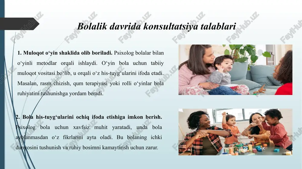 s’uliyat bilan yondashishni, muvaffaqiyat va xatolarni to‘g‘ri baholashni o‘rganadi. kattalik davrida konsultatsiya 1. muammolar kattalik davri inson hayotida mas’uliyat va qarorlar ko‘payadigan, shaxsiy va ijtimoiy vazifalar sinovdan o‘tadigan bosqichdir. bu davrda inson quyidagi muammolarga duch keladi: kasbiy charchoq – uzoq muddatli ish faoliyati, doimiy bosim va yuqori talablar natijasida ruhiy va jismoniy charchoq kuzatiladi, bu esa ish samaradorligi va motivatsiyaga salbiy ta’sir ko‘rsatadi. oilaviy muammolar – oila a’zolari bilan munosabatlarda kelib chiqadigan tushunmovchiliklar, farzand tarbiyasi, turmush o‘rtog‘i bilan nizolar ruhiy bosimni oshiradi. hayotdan norozilik – inson o‘z yutuqlari va muvaffaqiyatlarini yetarli baholay olmasligi, hayotiy maqsadlari va qadriyatlarini qayta ko‘rib chiqish zarurati paydo bo‘lishi mumkin. shu bilan birga, shaxs hayotiy qadriyatlarini qayta baholash orqali ichki uyg‘unlik va ruhiy barqarorlikni izlaydi. 2. psixologik yondashuv konsultatsiyada psixolog quyidagi usullar va yondashuvlarni qo‘llaydi: faol tinglash – mijozni to‘liq va diqqat bilan eshitish, uning his-tuyg‘ularini, muammolarini tushunishga harakat qilish. samimiy empatiya – shaxsning ichki kechinmalarini …