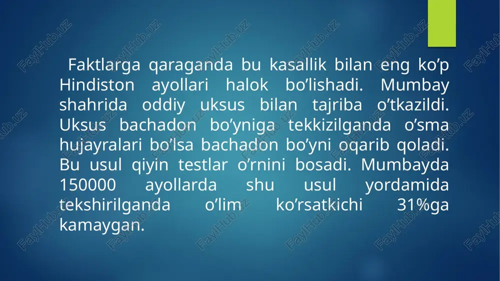 simpatik nerv bilan innervatsiya qilinadi. fallopiy naylari va tuhumdon ham bachadon singari simpatik innervatsiya bilan ta`minlangan. bachadon raki etiologiyasi: 1-erta jinsiy hayotni boshlash va tez-tez jinsiy portnyorni almashtirish: turli infeksiyalar ya`ni gerpes,xlamidioz,gonoreya,vichni jinsiy yo`llarga tushadi va bachadon bo`ynida surunkali yalig`lanish chaqiradi. mahalliy epitelial qavat zararlanadi,regeneratsiyasi buziladi va turli rak-rak oldi jarayonlariga olib keladi. 2-gormonal kontraseptiv moddalarni uzoq muddat qo`llash: 3- tez-tez va ko`p marta tug`ruq: tug`ruq yo`llarida yirtilishlar bo`lishi mumkin, bachadon bo`yni jarohatlanishi mukin va buning natijasida chandiqlanish kelib chiqadi. chandiq normal epitelizatsiyani buzishi va rak jarayonini chaqirishi mumkin. 4-papiloma viirusi: yer sharidagi deyarli barcha odamlarda uchraydi va simptomsiz o`tadi. qachonki organizmning immuniteti tushsa bu virus o`zining negativ hususiyatini namoyon qiladi. papiloma virusining 16-18-31-35-39-serotiplari eng yuqori onkogen harakterli hisoblanadi. papiloma virusining 6-11-40-serotiplari kam onkogen harakterlidir. 5-tug`ruq paytidagi bachadon bo`yni yirtilishi, ko`p marta abort qilishlar, bachadonni invaziv metod bilan o`rganish 6-tuhumdon yallig`lanishi, gipotalamo-gipofizar buzilishlar,o`tuvchi terapiya natijasida kelib chiqadigan disgormonal holatlar – …