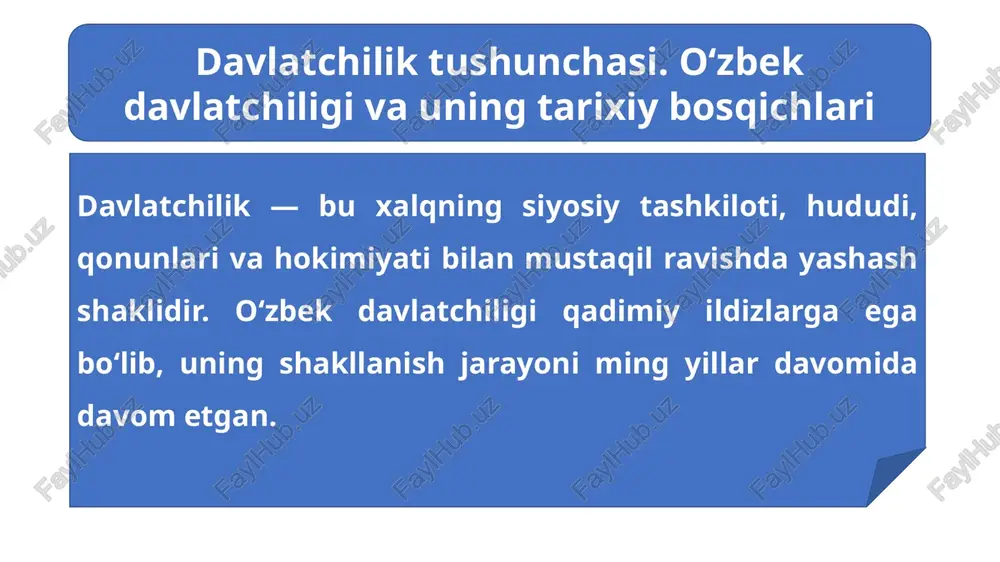 r, olimlar qatl etildi yoki surgun qilindi.sovet tuzumi milliy madaniyatni cheklab, xalq ongida “ittifoq fuqarosi” tushunchasini shakllantirishga harakat qildi. shu bilan birga, paxta yakkahokimligi, ekologik falokatlar (orol muammosi), milliy boyliklarning markazga olib ketilishi mustamlakachilikning yangi shakliga aylandi.bu davrning og‘ir oqibatlariga qaramay, xalqimiz o‘zligiga sodiq qoldi va mustaqillik g‘oyasini saqlab qoldi. xulosa qilib aytadigan bo’lsak o‘zbekiston mustaqillik g‘oyasi ming yillik tarixiy ildizlarga ega. shiroq, spitamen, jaloliddin manguberdi, amir temur, jadidlar kabi buyuk ajdodlarimiz erkinlik va adolat yo‘lida jon fido qilganlar.ularning fidoyiligi natijasida xalqimiz o‘zligini, g‘ururini va mustaqillik orzusini asrab kelgan. bu tarixiy meros bugungi kunda ham milliy g‘oya va istiqlol poydevori bo‘lib xizmat qilmoqda. image1.jpeg image2.jpeg image3.jpeg image4.jpeg image5.jpeg image6.png image7.jpeg image8.jpeg /docprops/thumbnail.jpeg